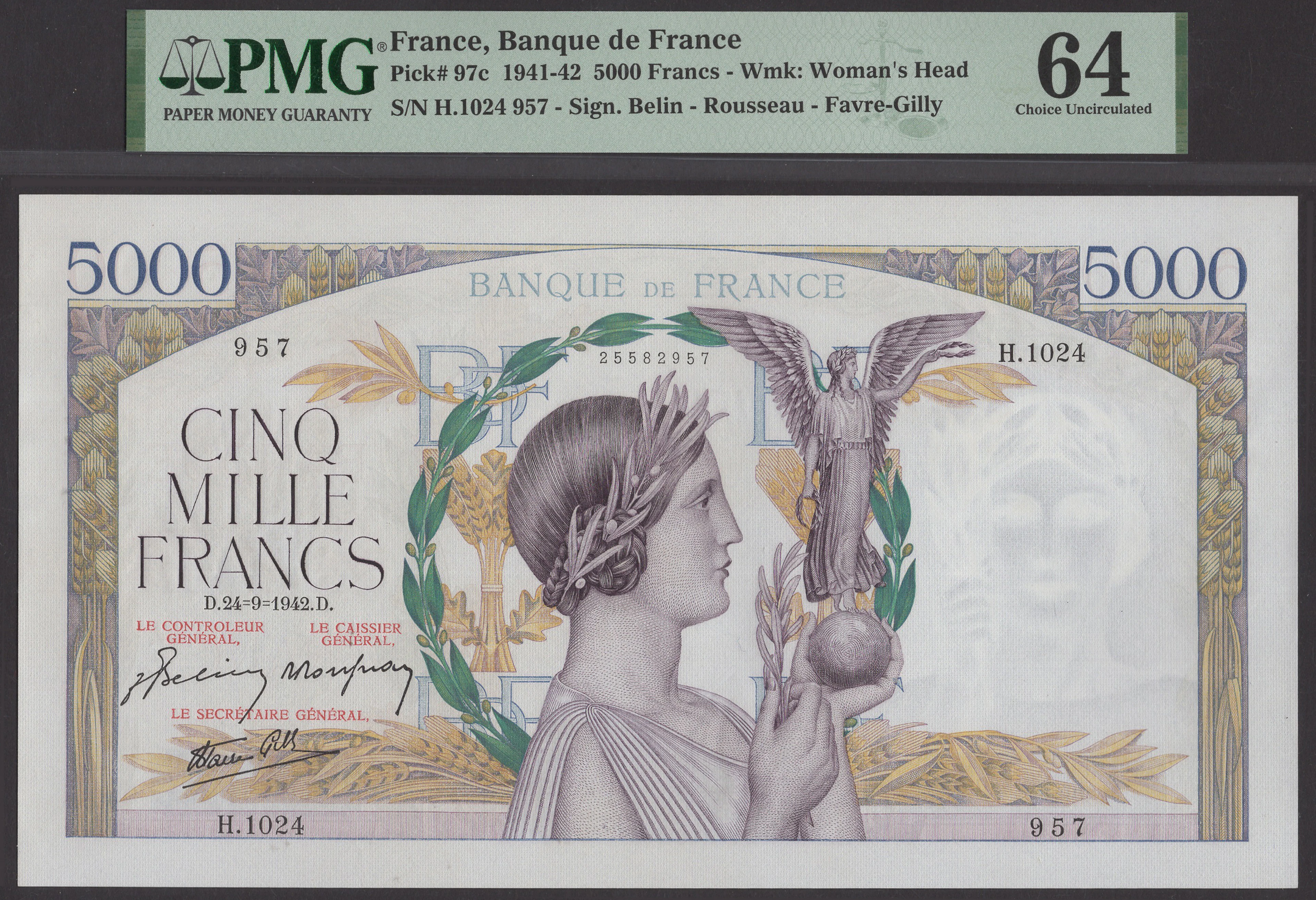 Banque de France, 5000 Francs, 24 September 1942 serial number H.1024