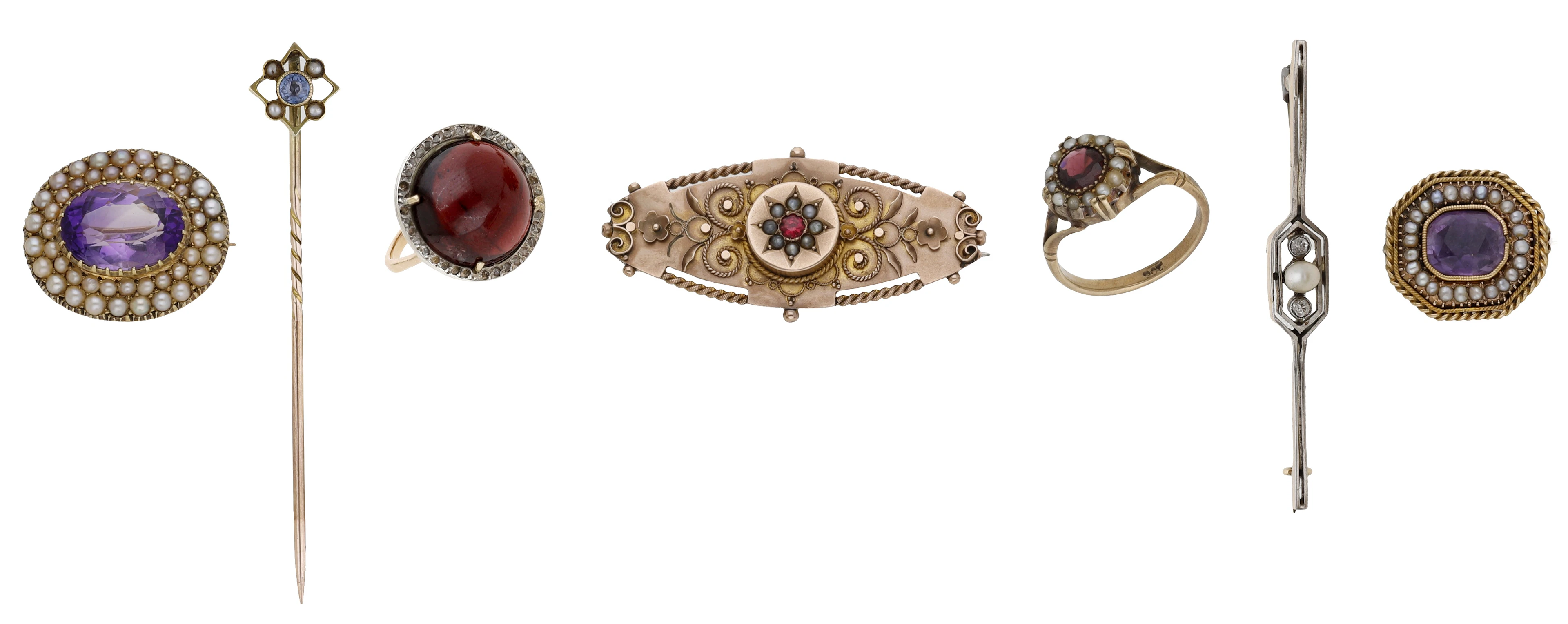 A small collection of antique jewellery, comprising two amethyst and