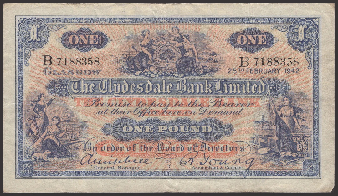 Clydesdale Bank Limited, £1, 25 February 1942, prefix B, Mitchell