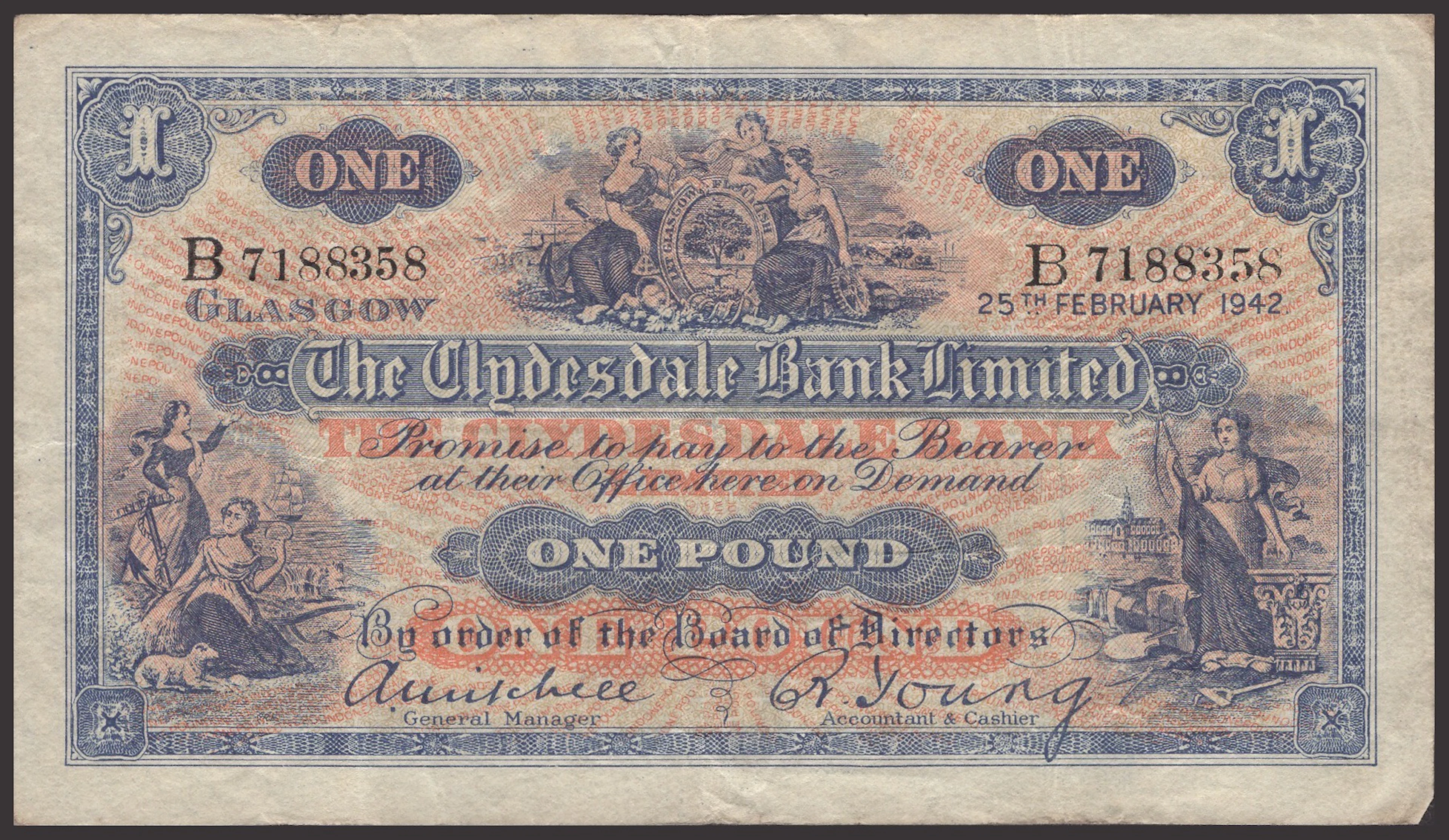 Clydesdale Bank Limited, £1, 25 February 1942, prefix B, Mitchell
