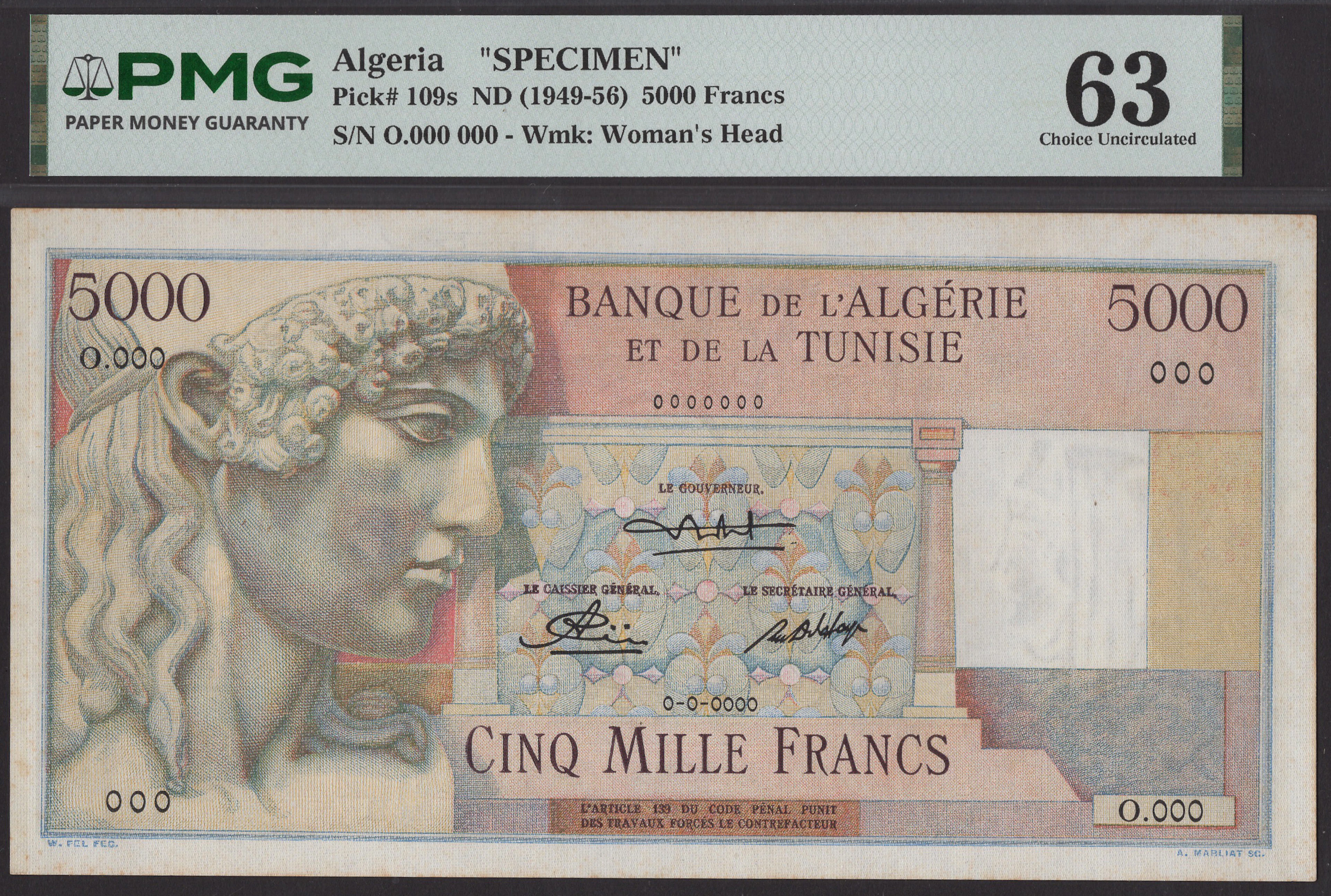Banque de l’Algerie et de la Tunisie, specimen 5000 Francs, ND (1950-51)
