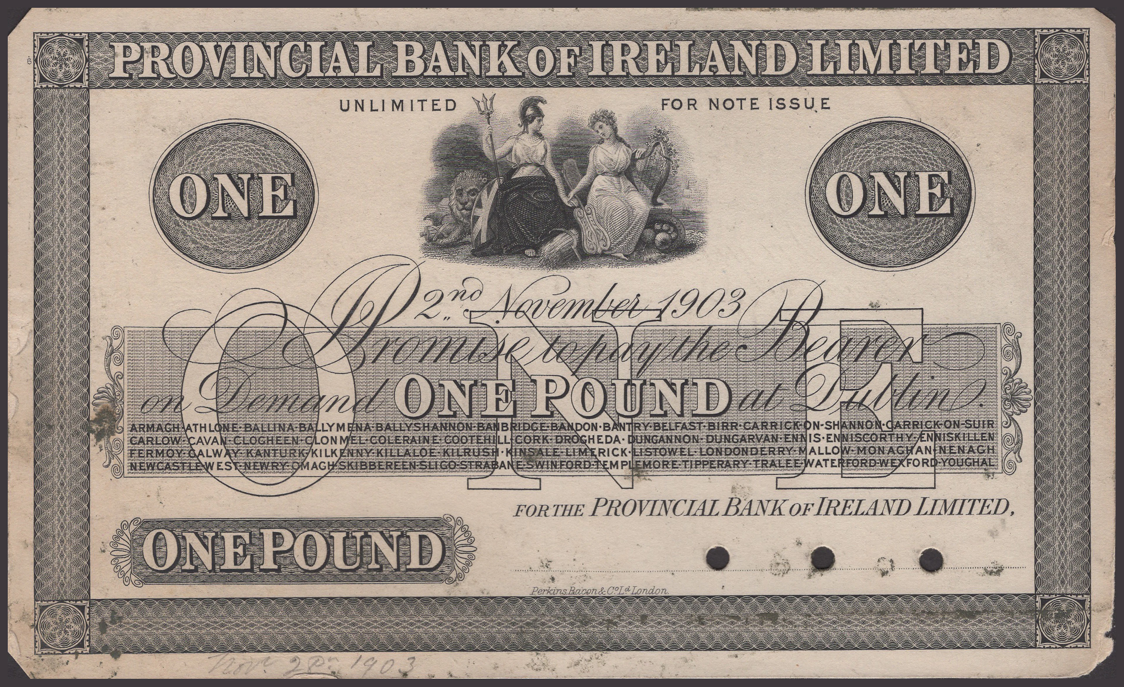 Provincial Bank of Ireland Ltd, proof £1 on card, 2 November 1903