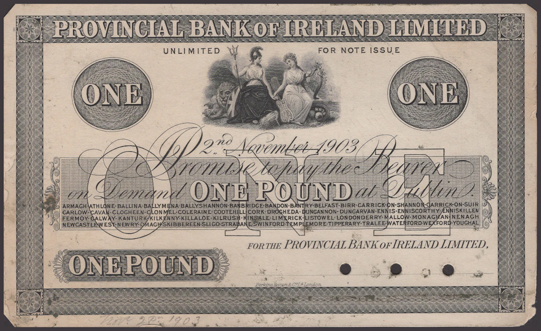 Provincial Bank of Ireland Ltd, proof £1 on card, 2 November 1903