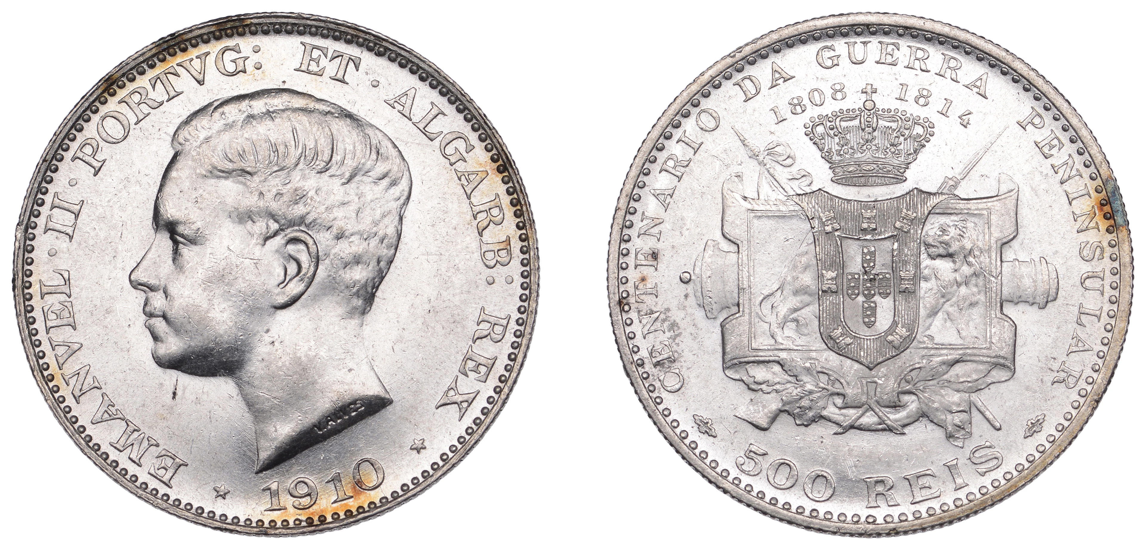 Portugal, Manuel II, 500 Reis, 1910, Peninsular War, Lisbon (KM 556).