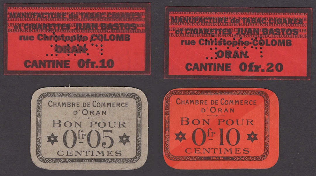 Chambre de Commerce d’Oran, 5 and 10 Centimes, 1916, black on grey