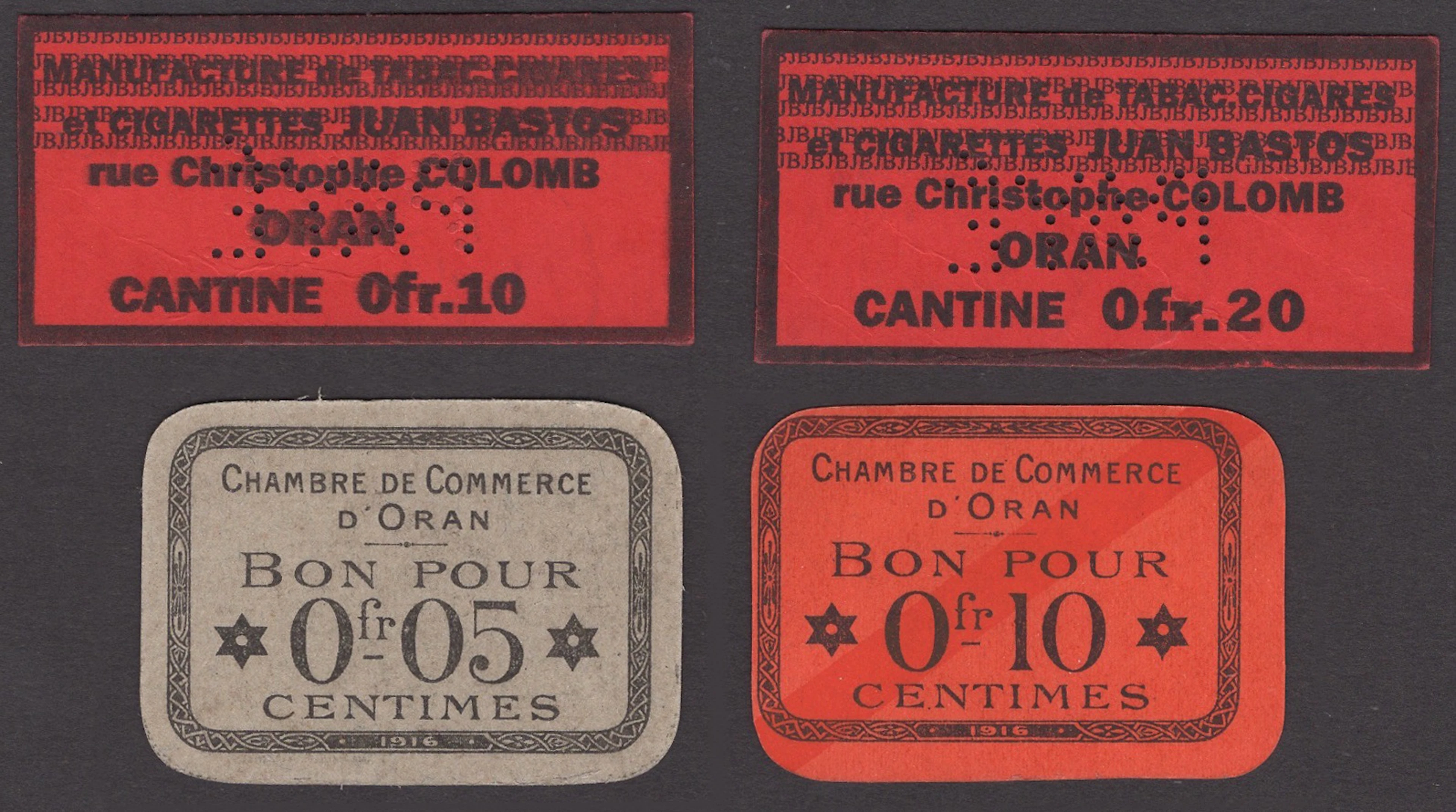 Chambre de Commerce d’Oran, 5 and 10 Centimes, 1916, black on grey