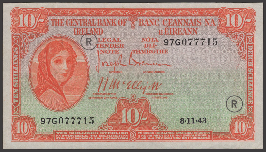 Central Bank of Ireland, 10 Shillings, 8 November 1943, serial number