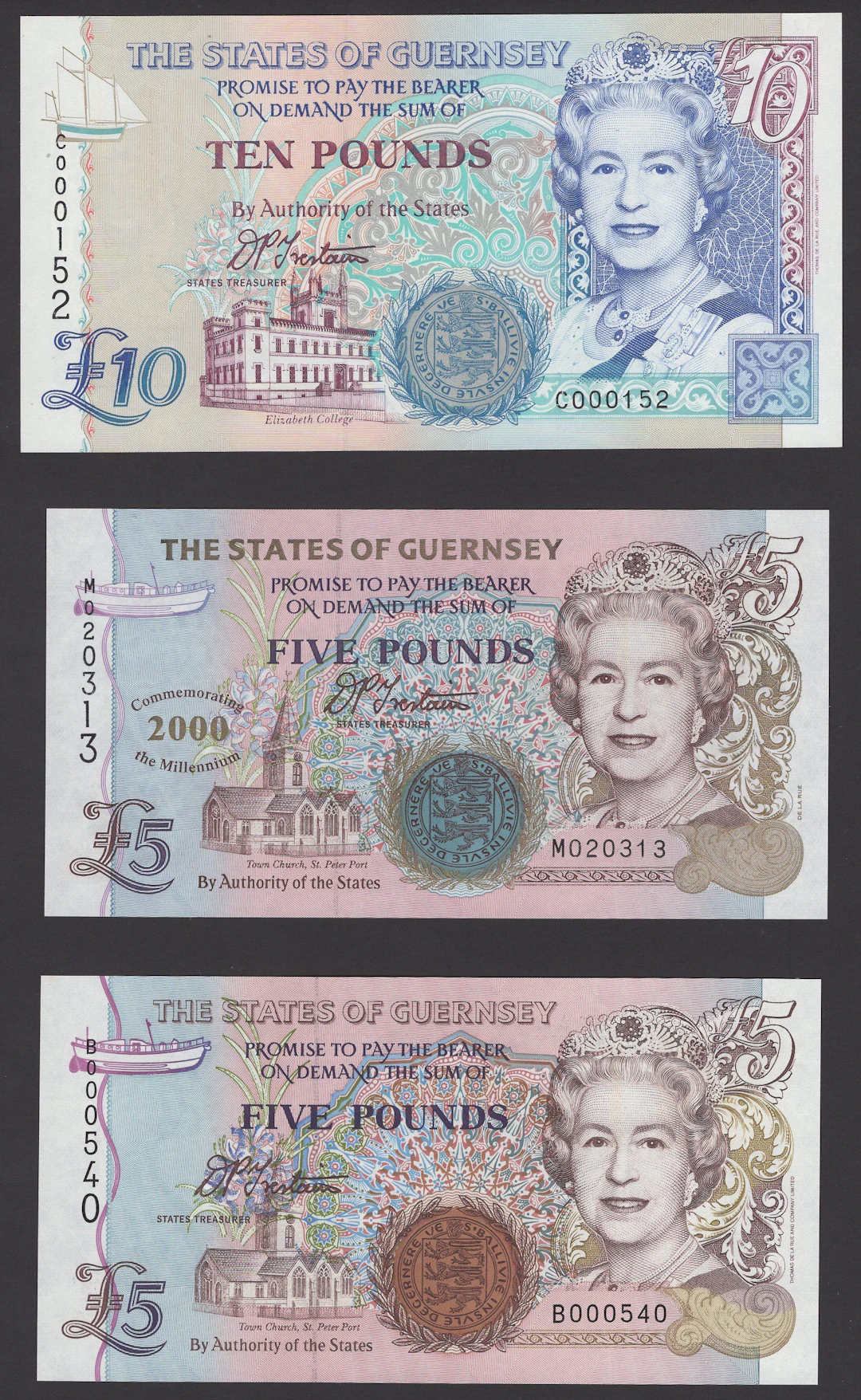 States of Guernsey, £5 (2), ND (1996-2002), serial numbers A000272