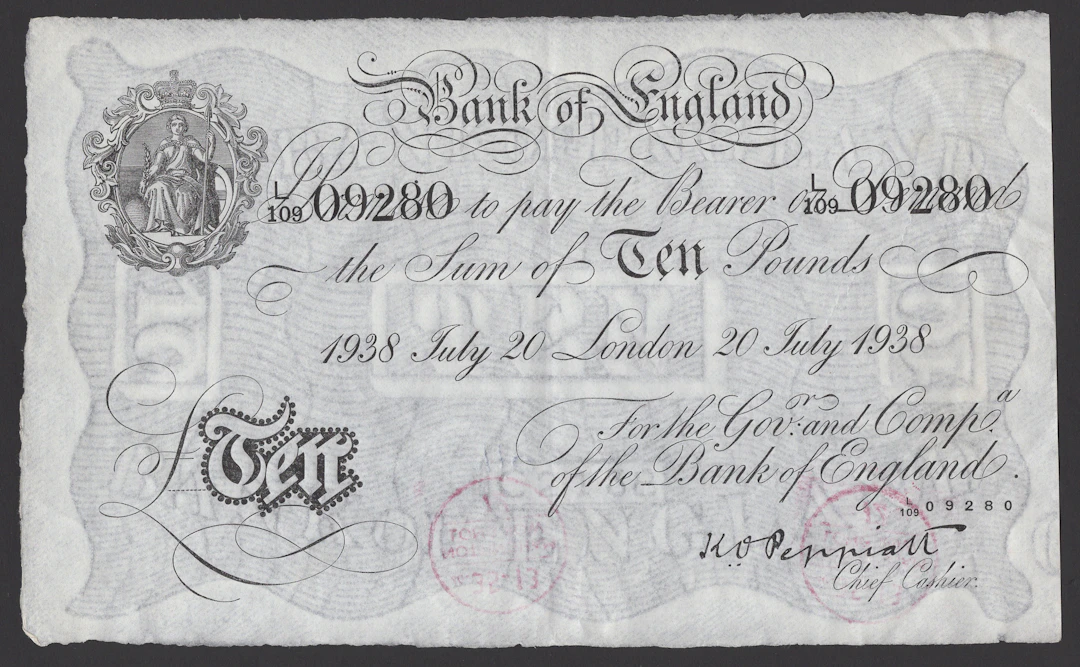 Bank of England, Kenneth O. Peppiatt, £10, London, 20 July 1938, serial