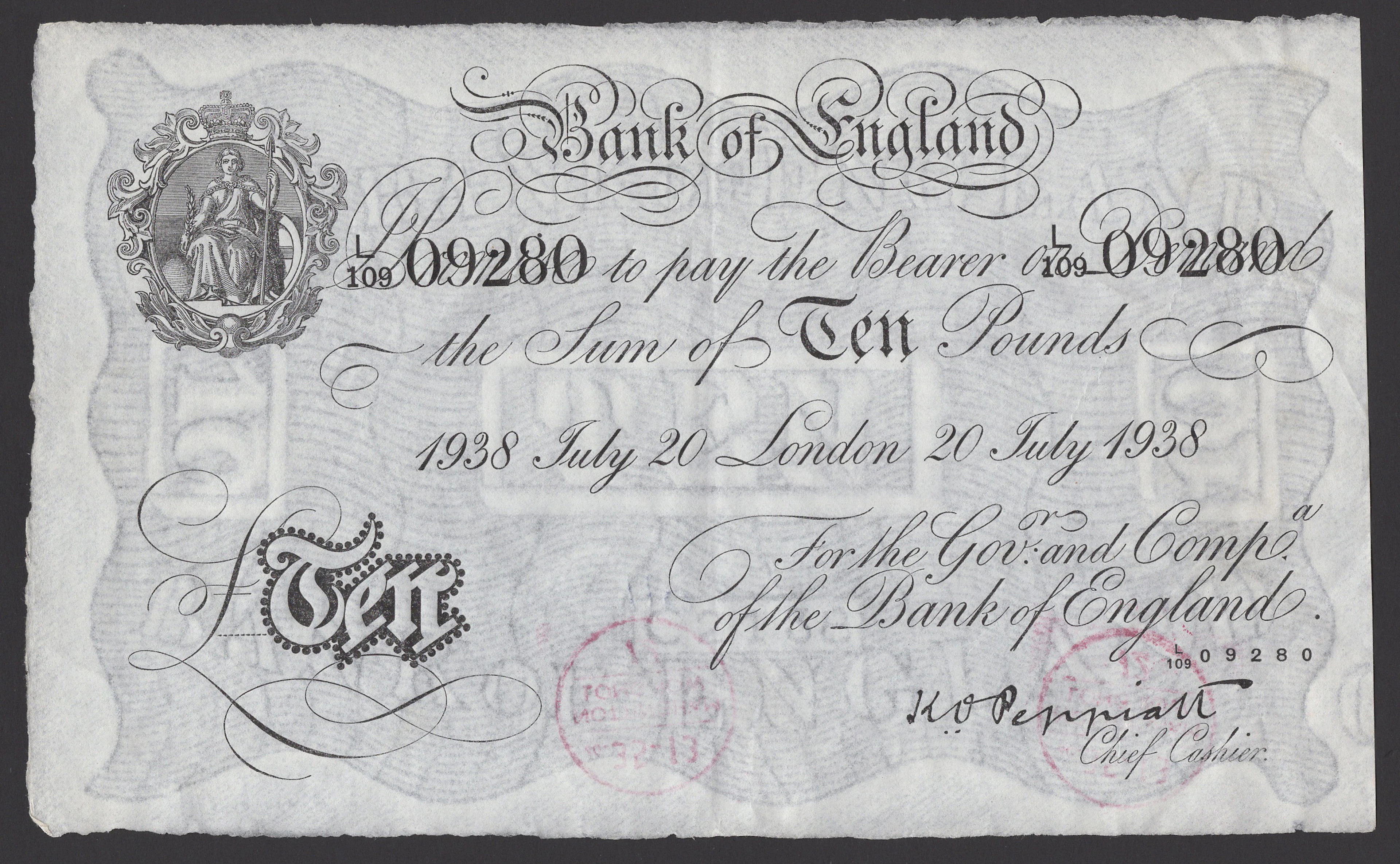 Bank of England, Kenneth O. Peppiatt, £10, London, 20 July 1938, serial