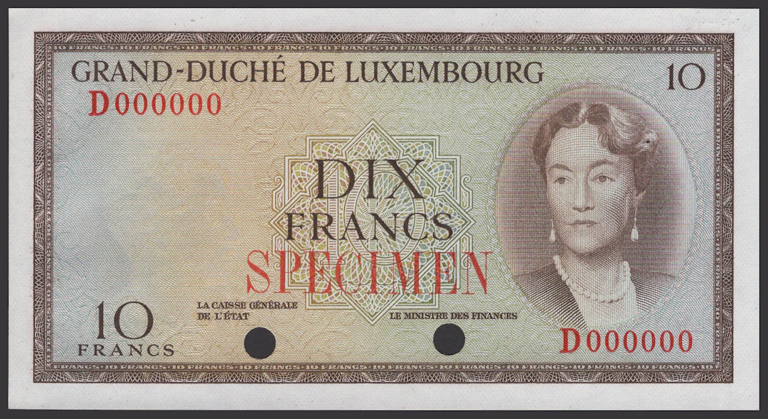 Grand-Duche de Luxembourg, colour trial 10 Francs, ND (1959), serial