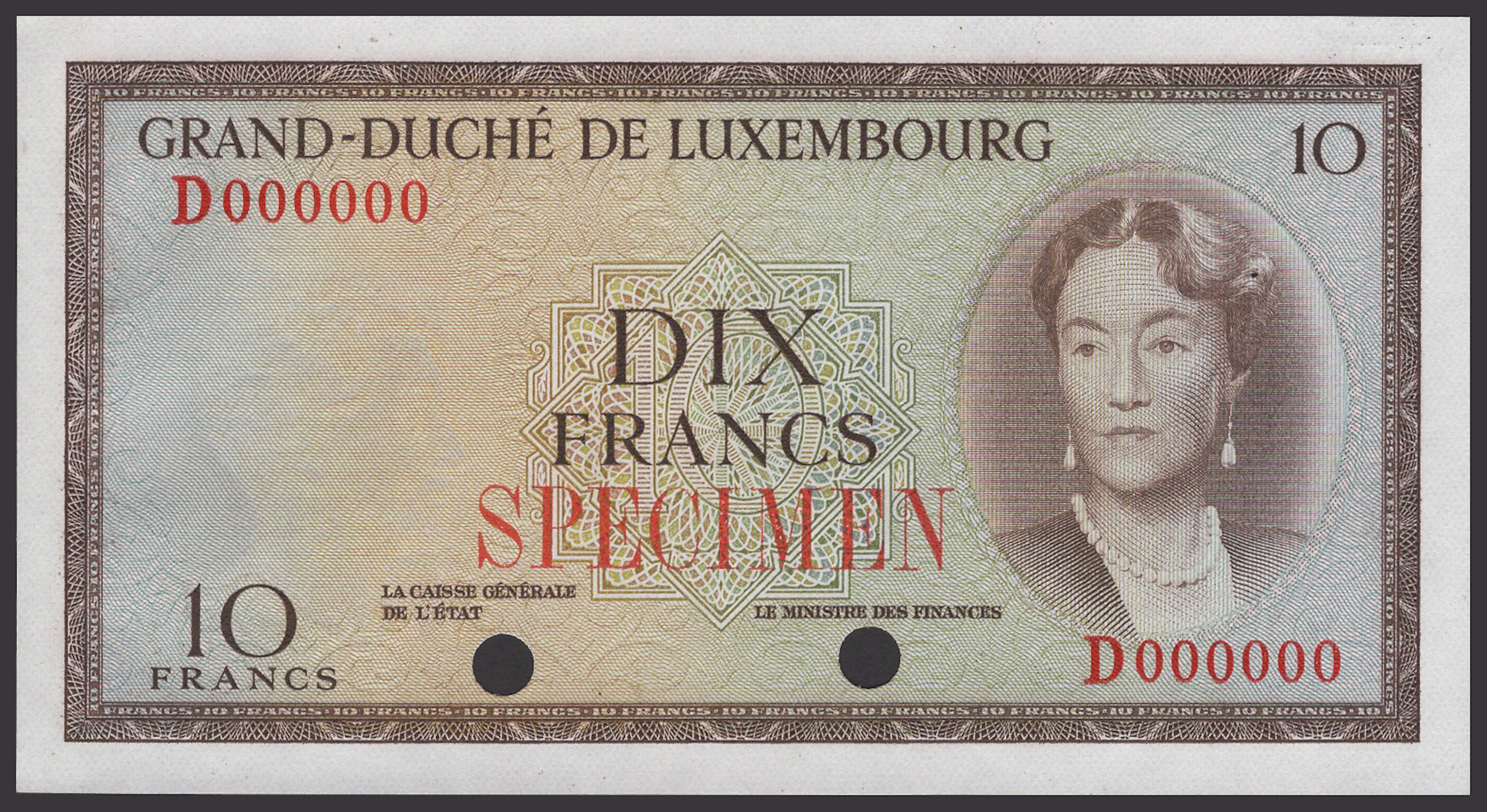 Grand-Duche de Luxembourg, colour trial 10 Francs, ND (1959), serial