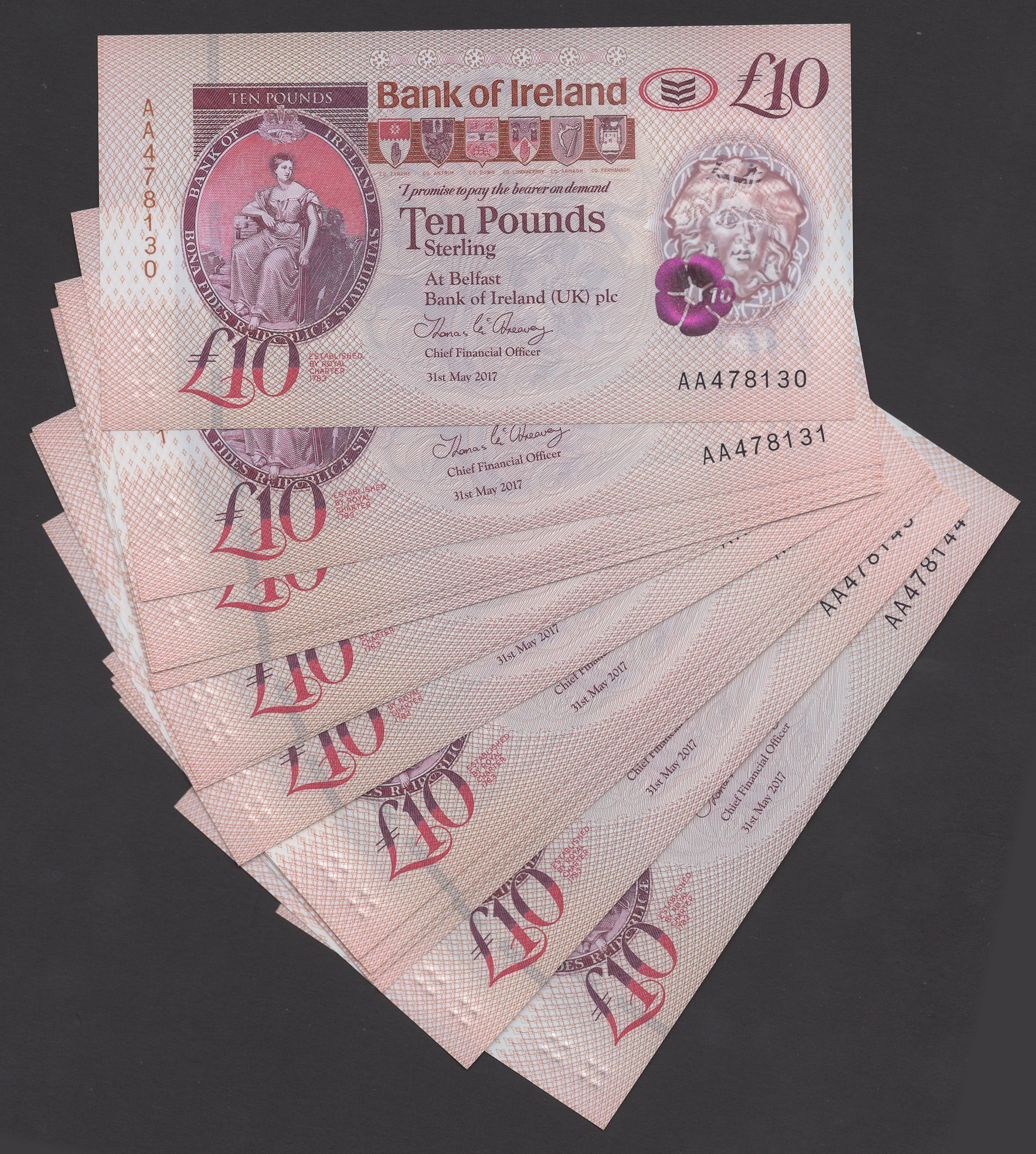 Bank of Ireland, £10 (15), 31 May 2017, consecutive serial numbers