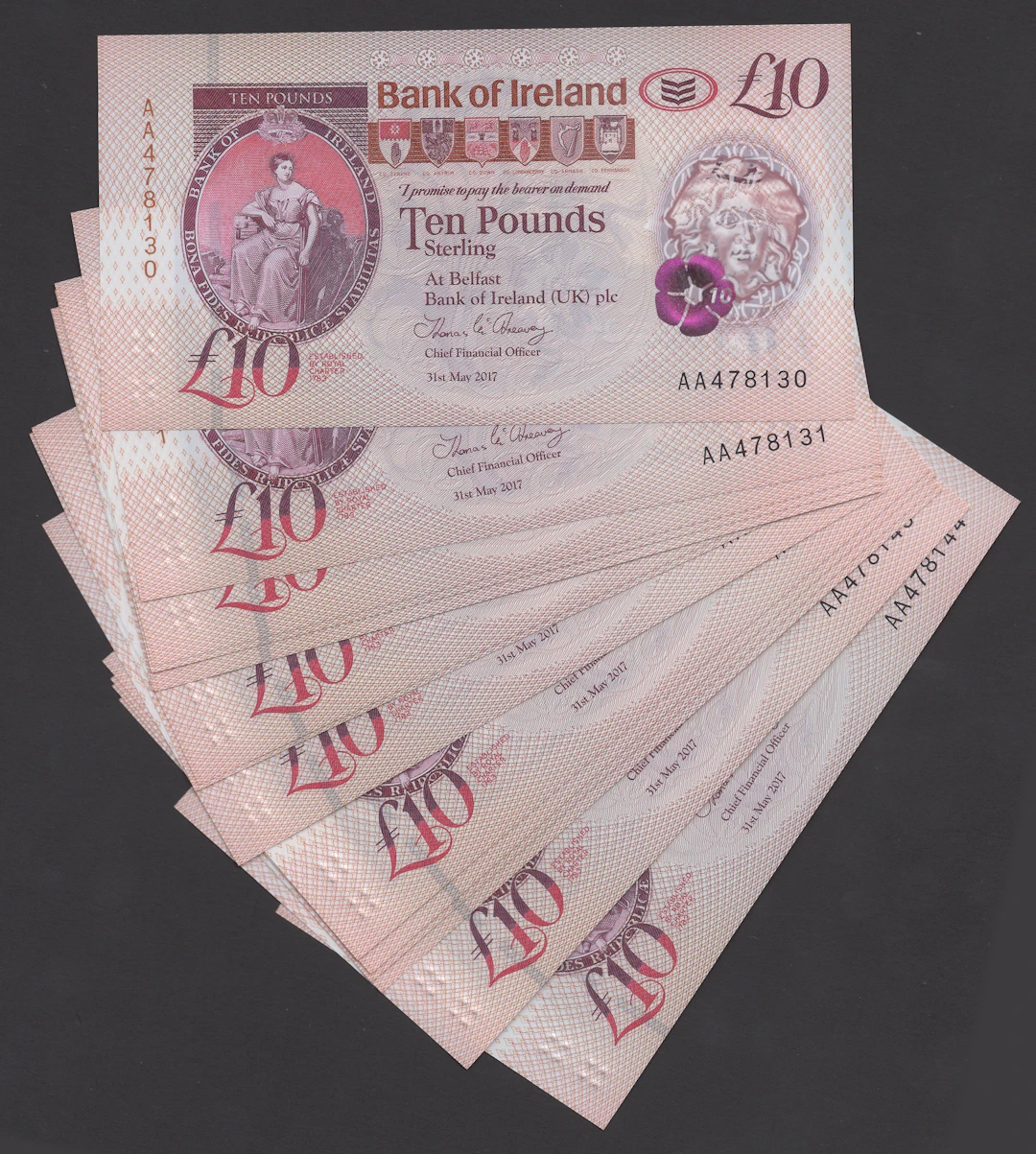 Bank of Ireland, £10 (15), 31 May 2017, consecutive serial numbers