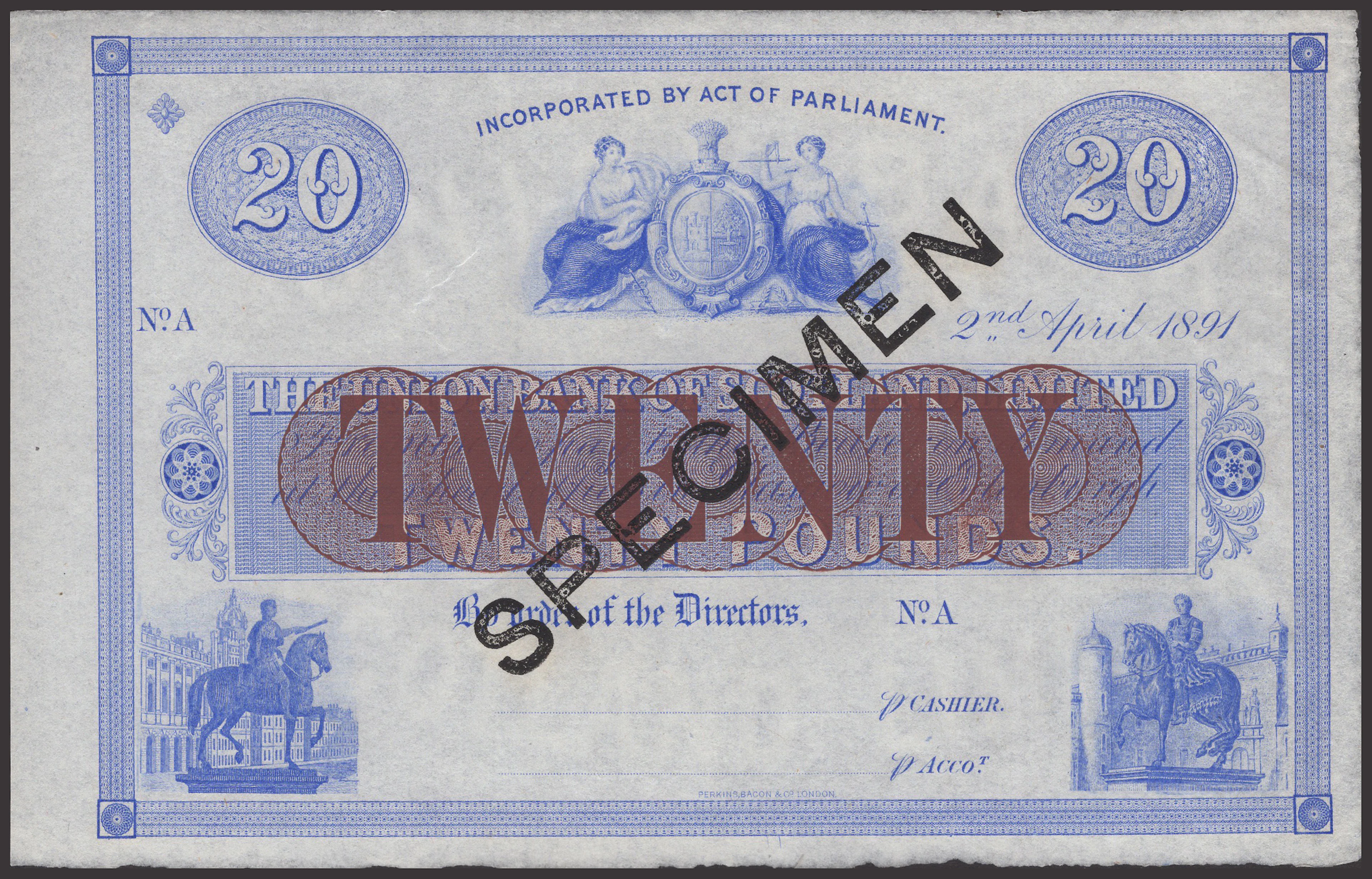 Union Bank of Scotland, specimen £20, 2 April 1891, no serial number