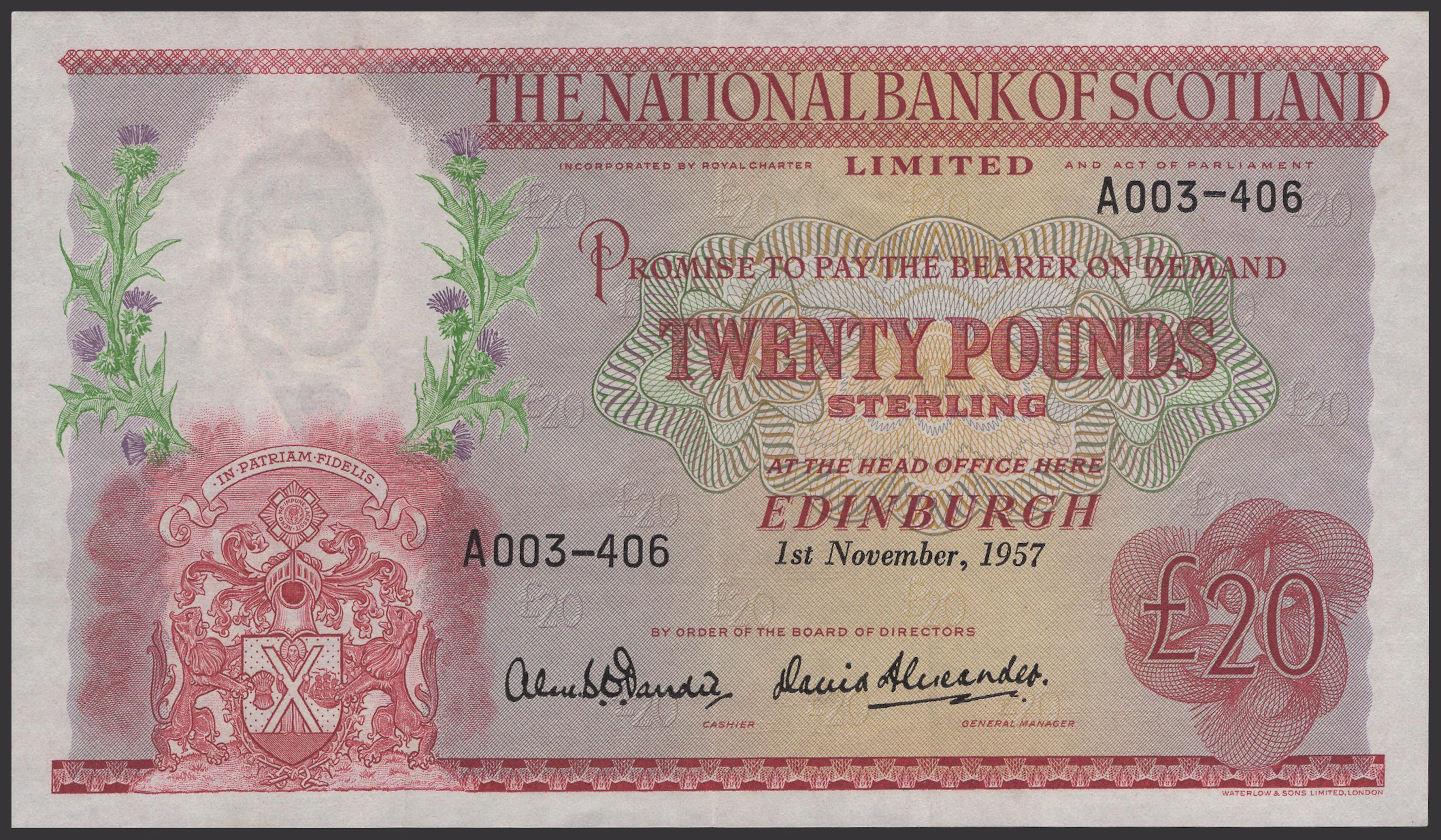 National Bank of Scotland Limited, £20, 1 November 1957, serial number