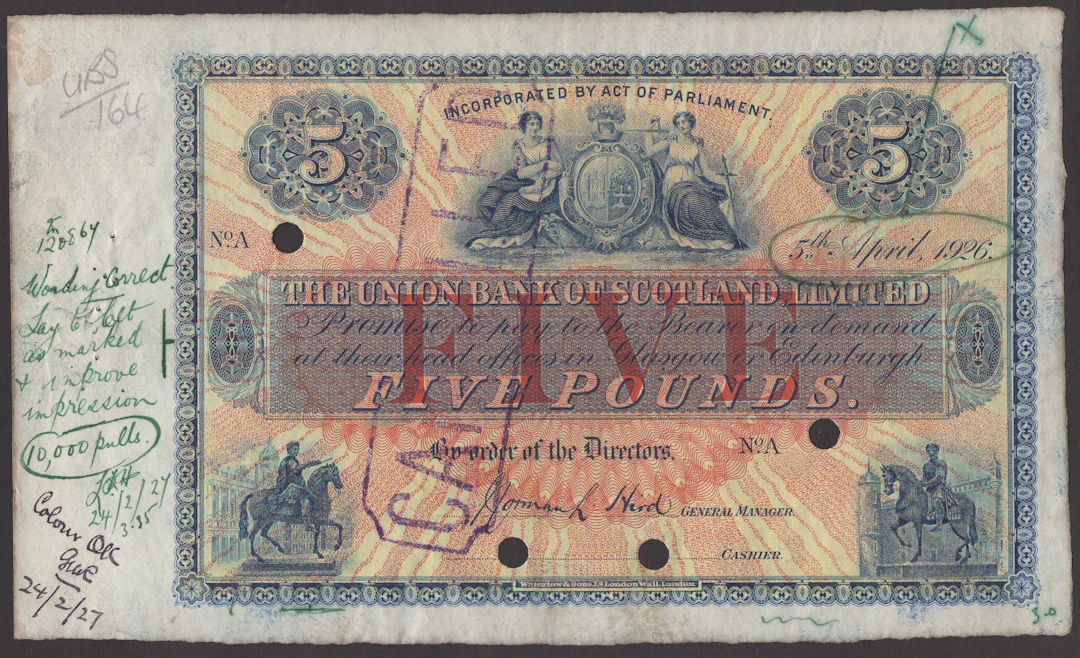 Union Bank of Scotland, printers’ working specimen £5, 5 April 1926