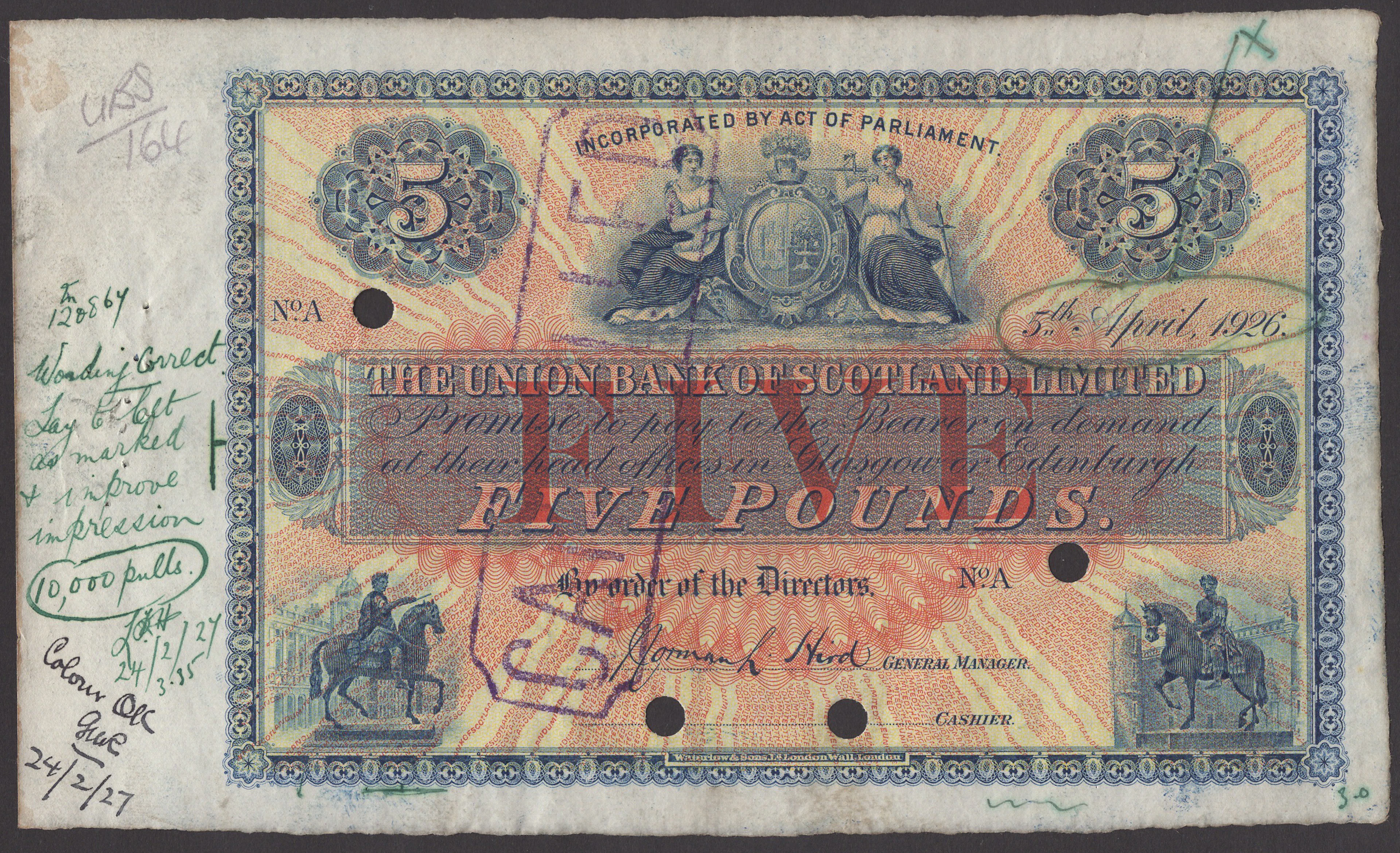 Union Bank of Scotland, printers’ working specimen £5, 5 April 1926