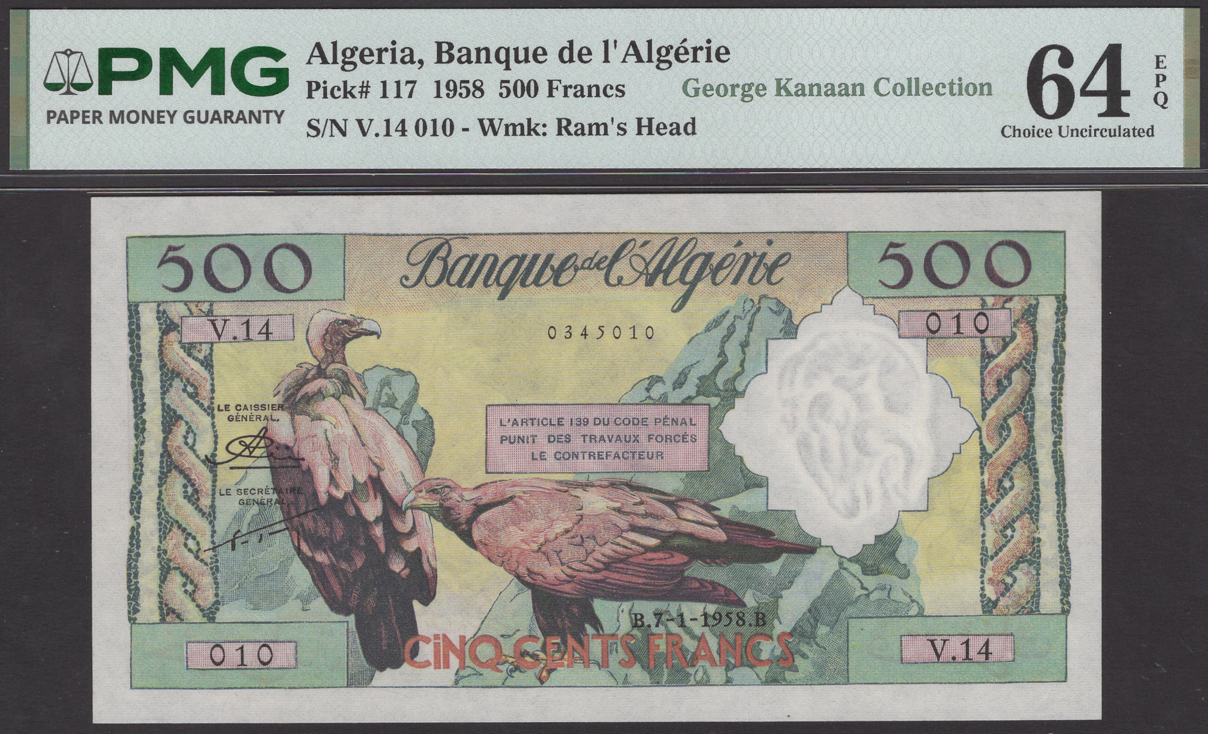 Banque de l’Algerie, 500 Francs, 7 January 1958, serial number V.14