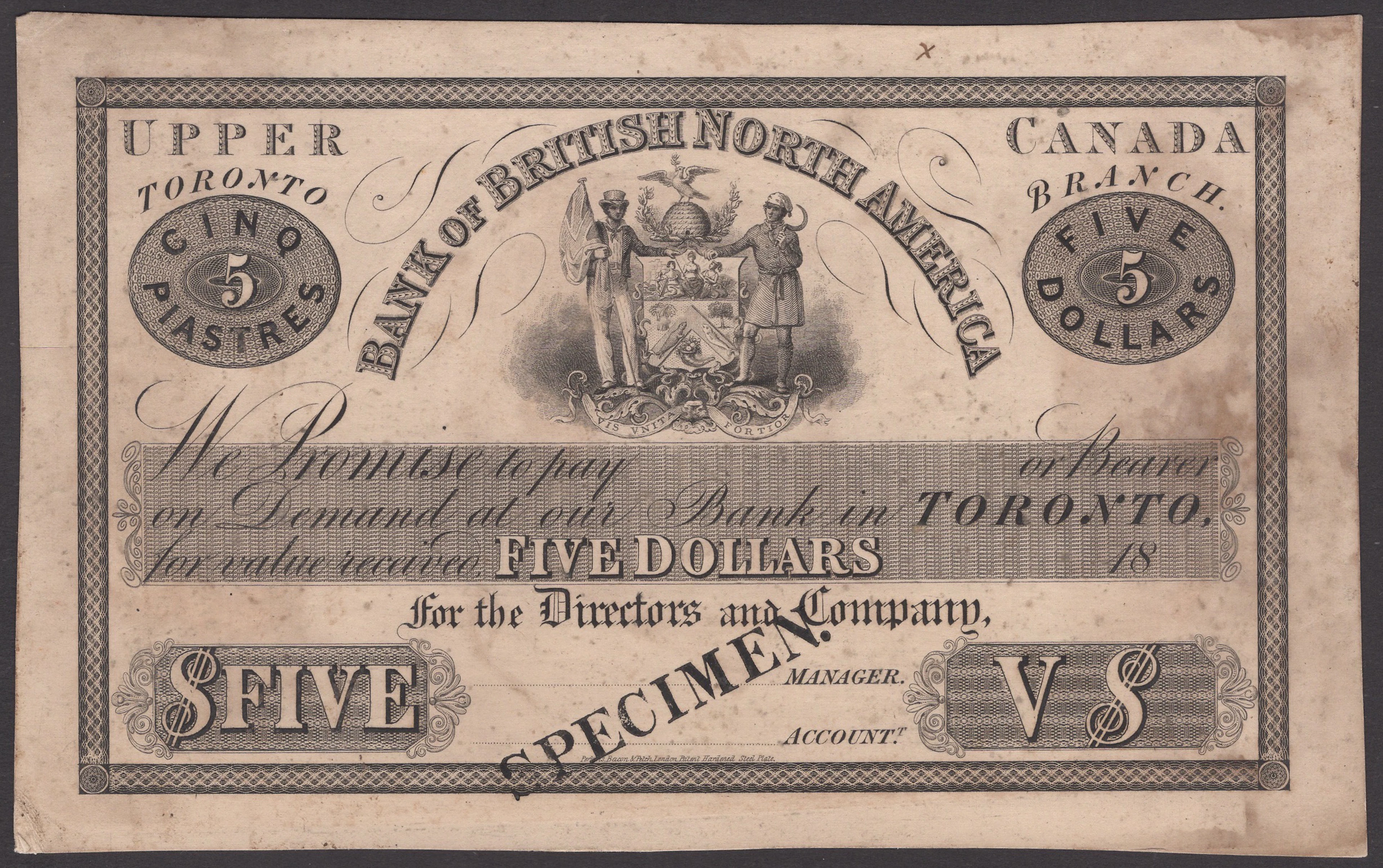 The Bank of British North America, Canada, proof on card for $5, Toronto
