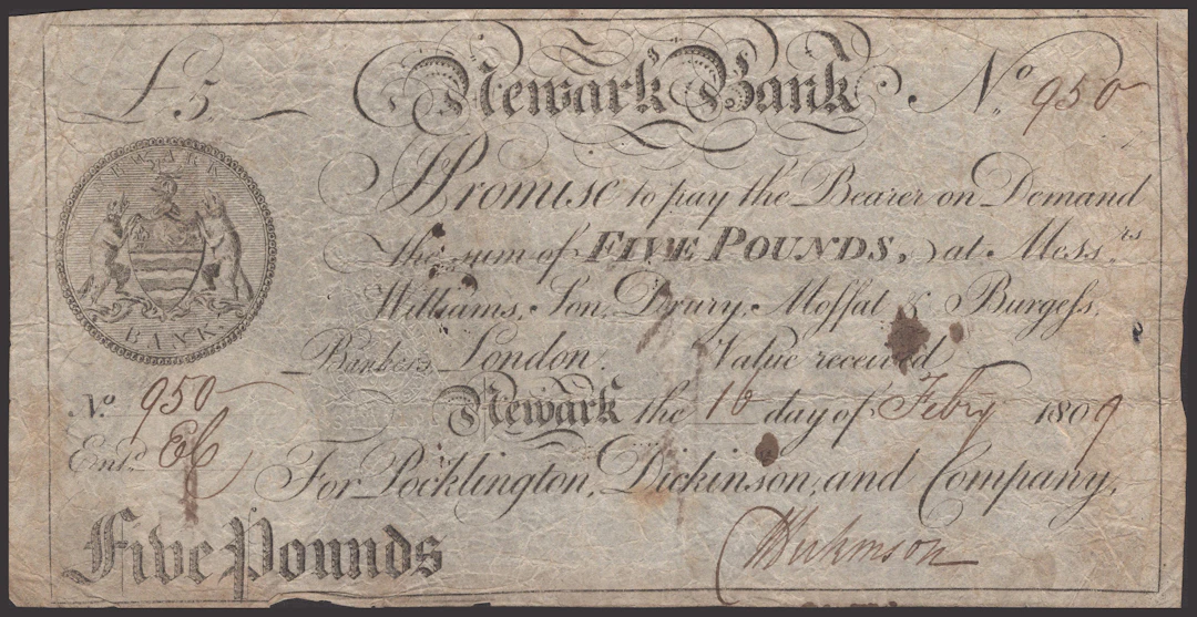 Newark Bank, for Pocklington, Dickinson, and Company, £5, 16 February