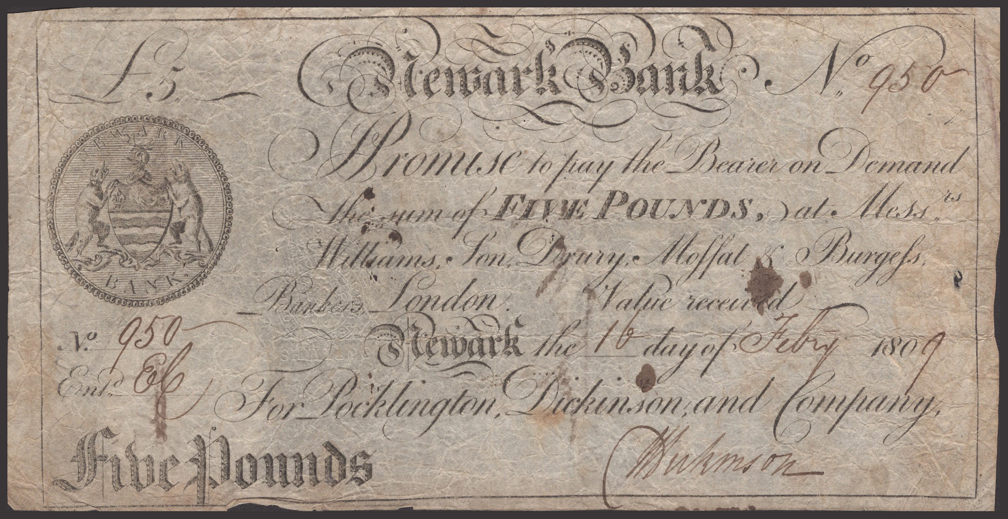 Newark Bank, for Pocklington, Dickinson, and Company, £5, 16 February