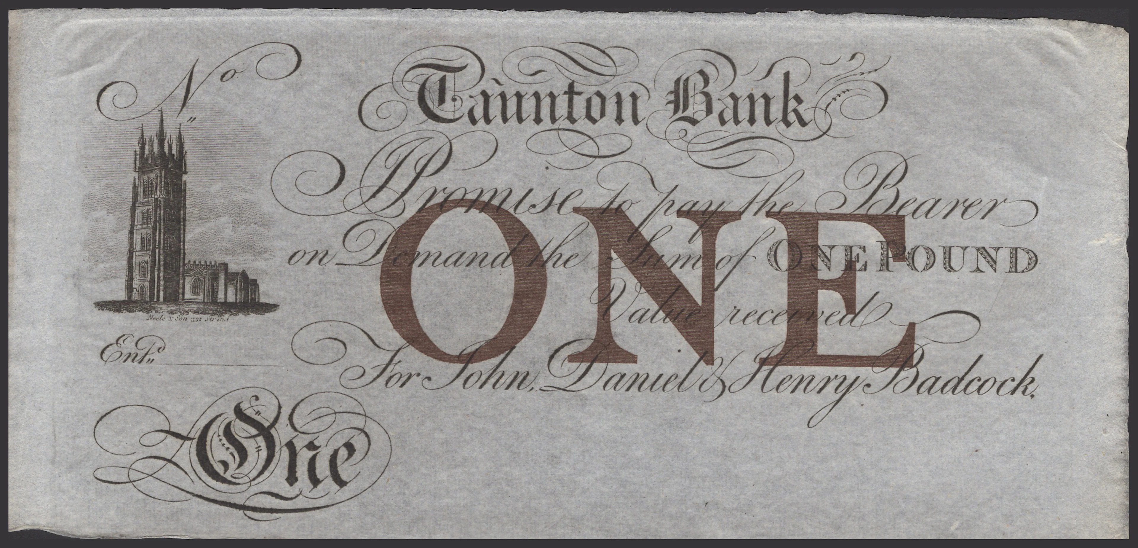 Taunton Bank, for John, Daniel & Henry Badcock, unissued £1, ND (1826-29)