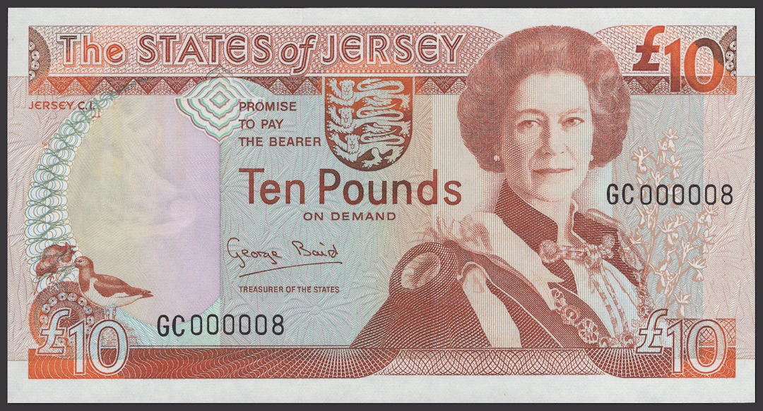 States of Jersey, £10, 1993, serial number GC000008, Baird signature