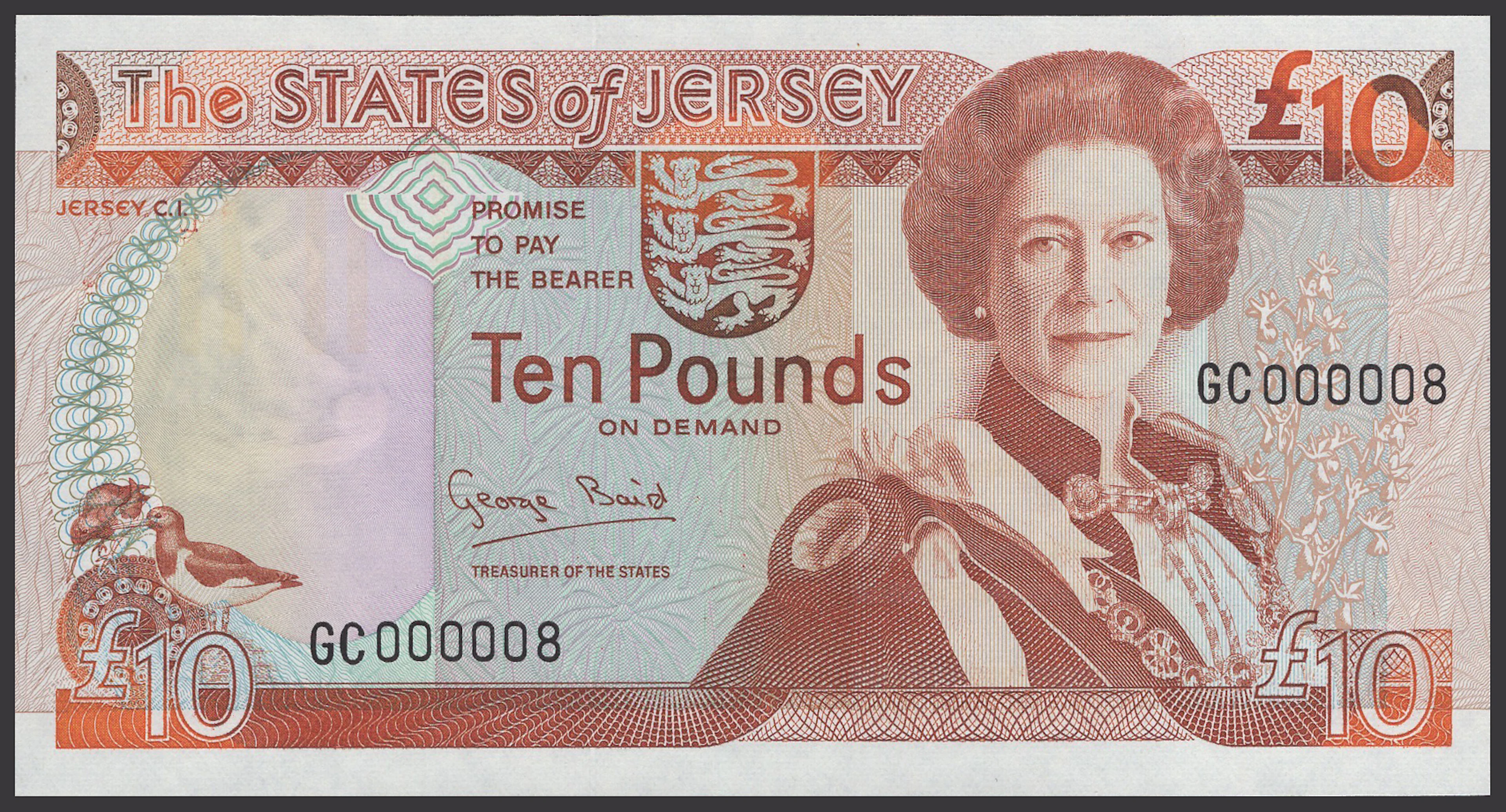 States of Jersey, £10, 1993, serial number GC000008, Baird signature