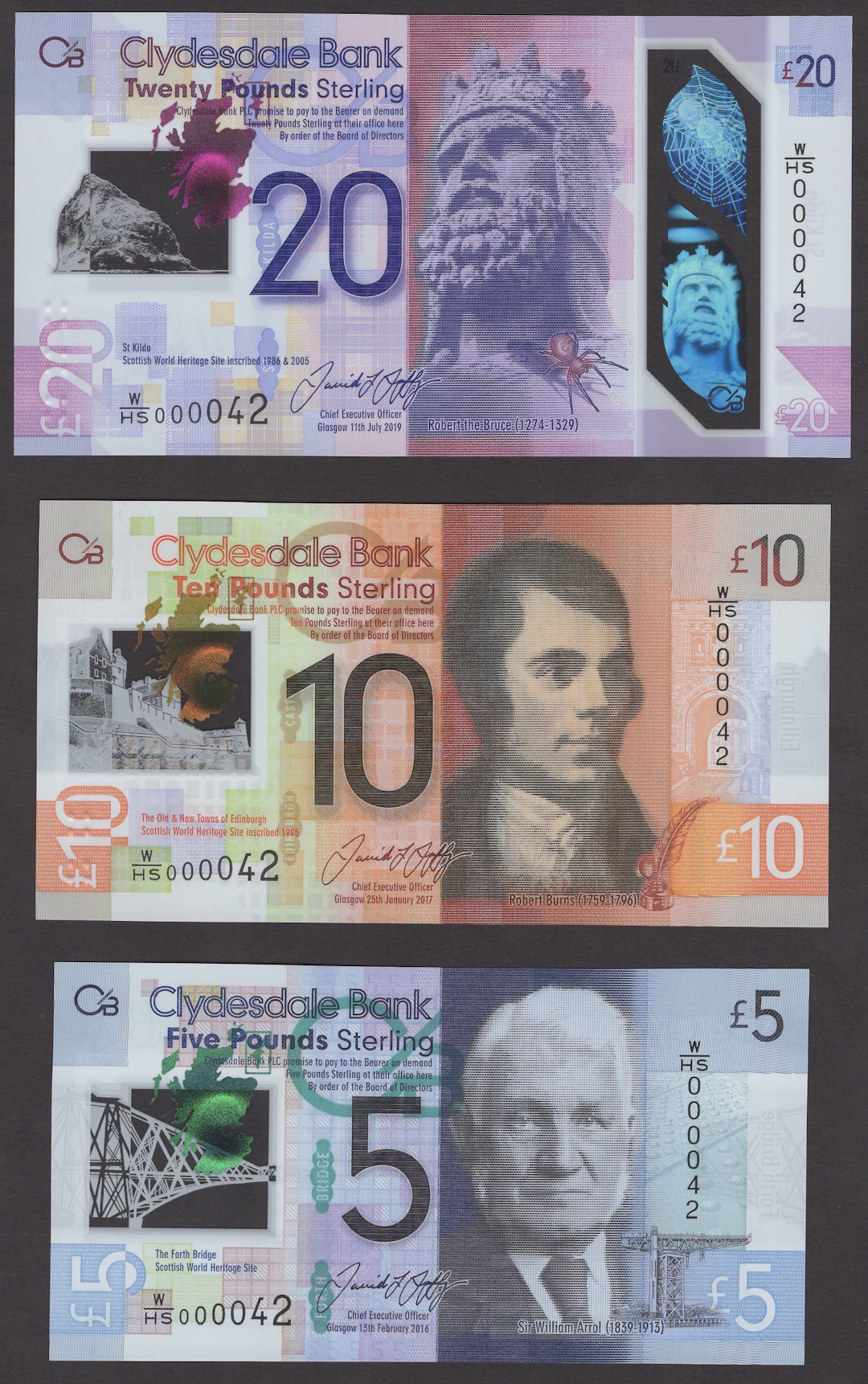 Clydesdale Bank PLC, £5, 2016, £10, 2017 and £20, 2019, serial numbers
