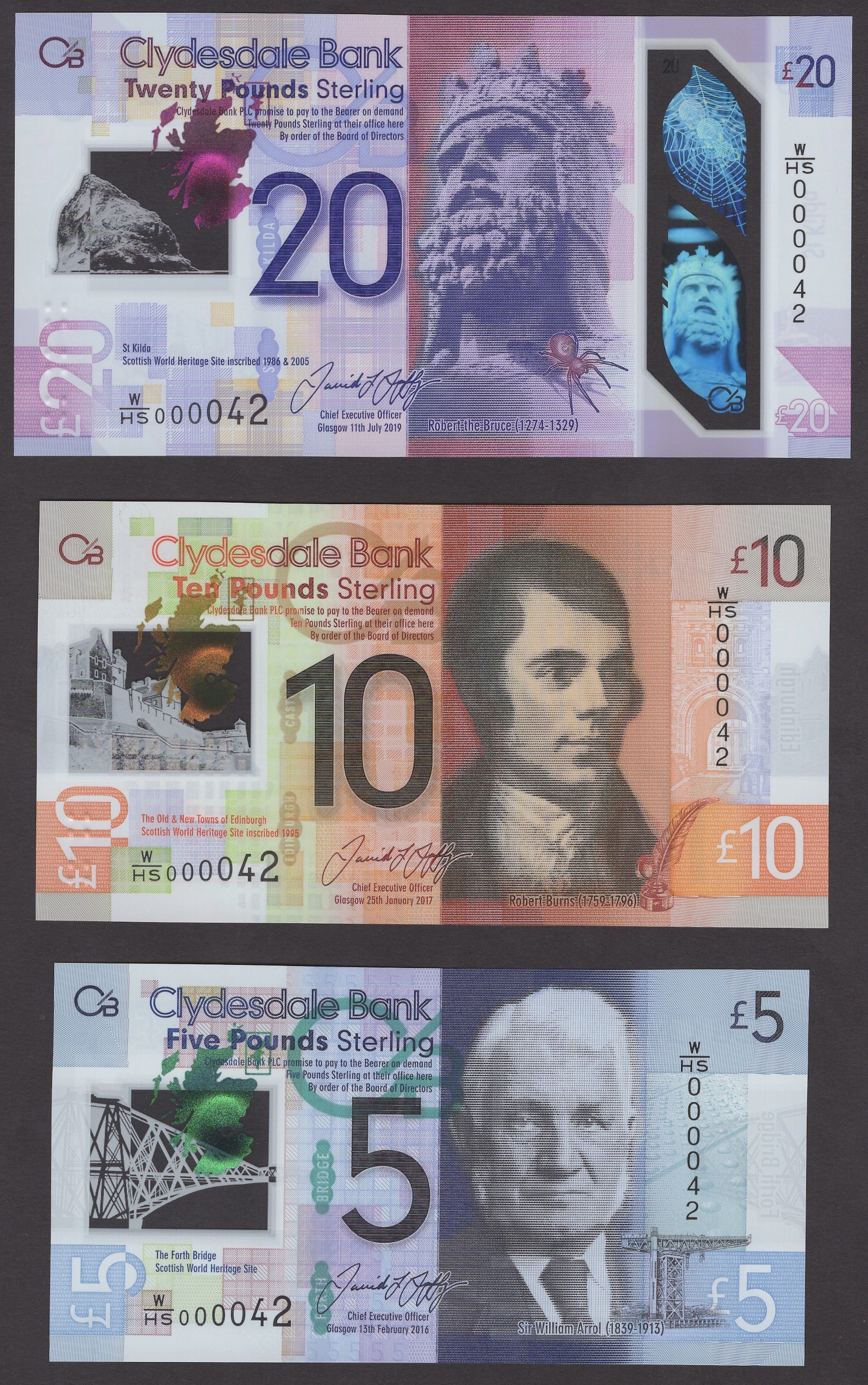 Clydesdale Bank PLC, £5, 2016, £10, 2017 and £20, 2019, serial numbers