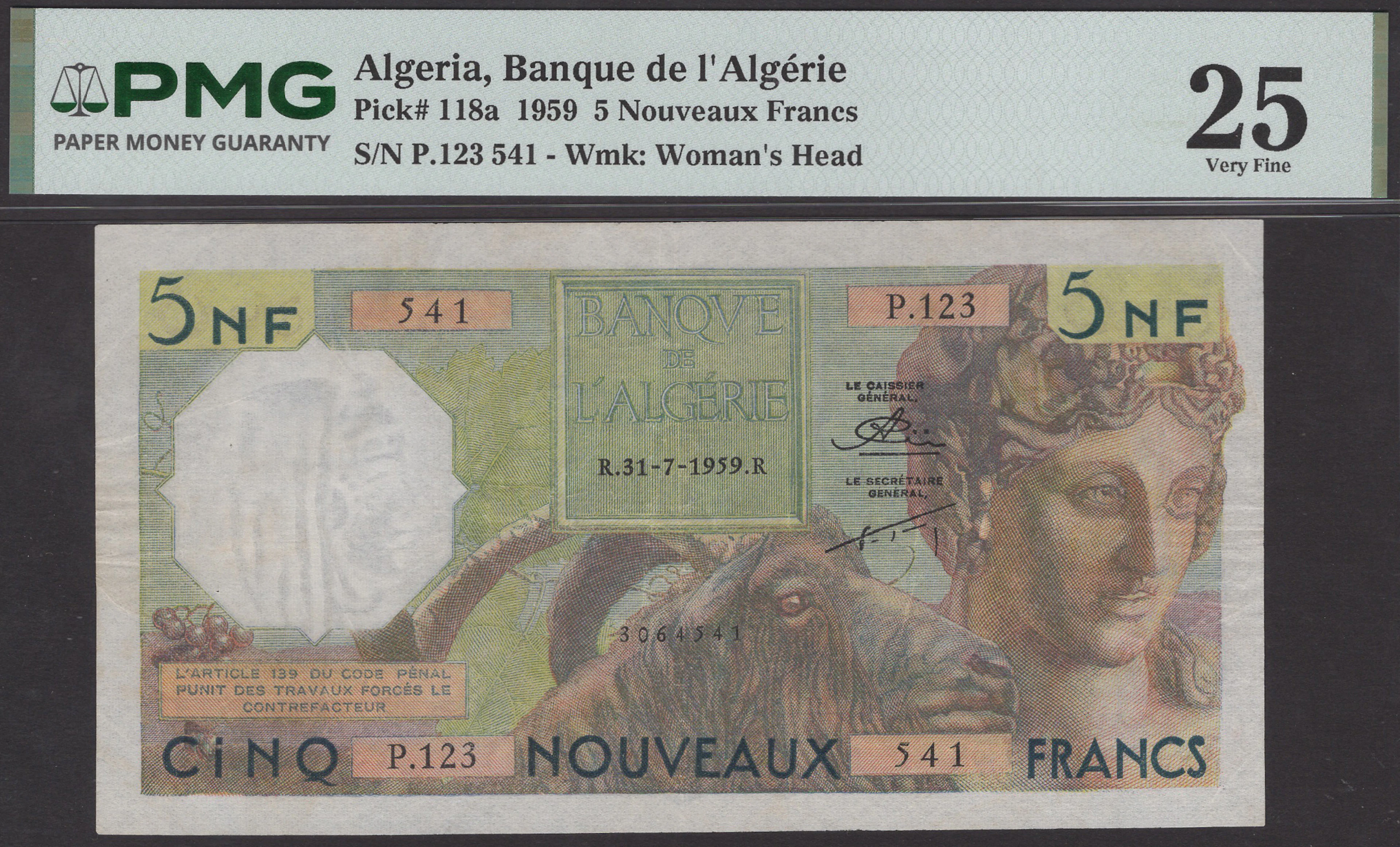 Banque de l’Algerie, 5 Nouveaux Francs, 31 July 1959, serial number