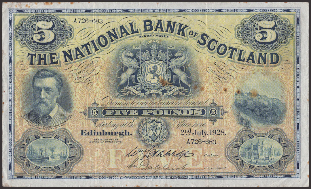 National Bank of Scotland Limited, £5, 2 July 1928, serial number