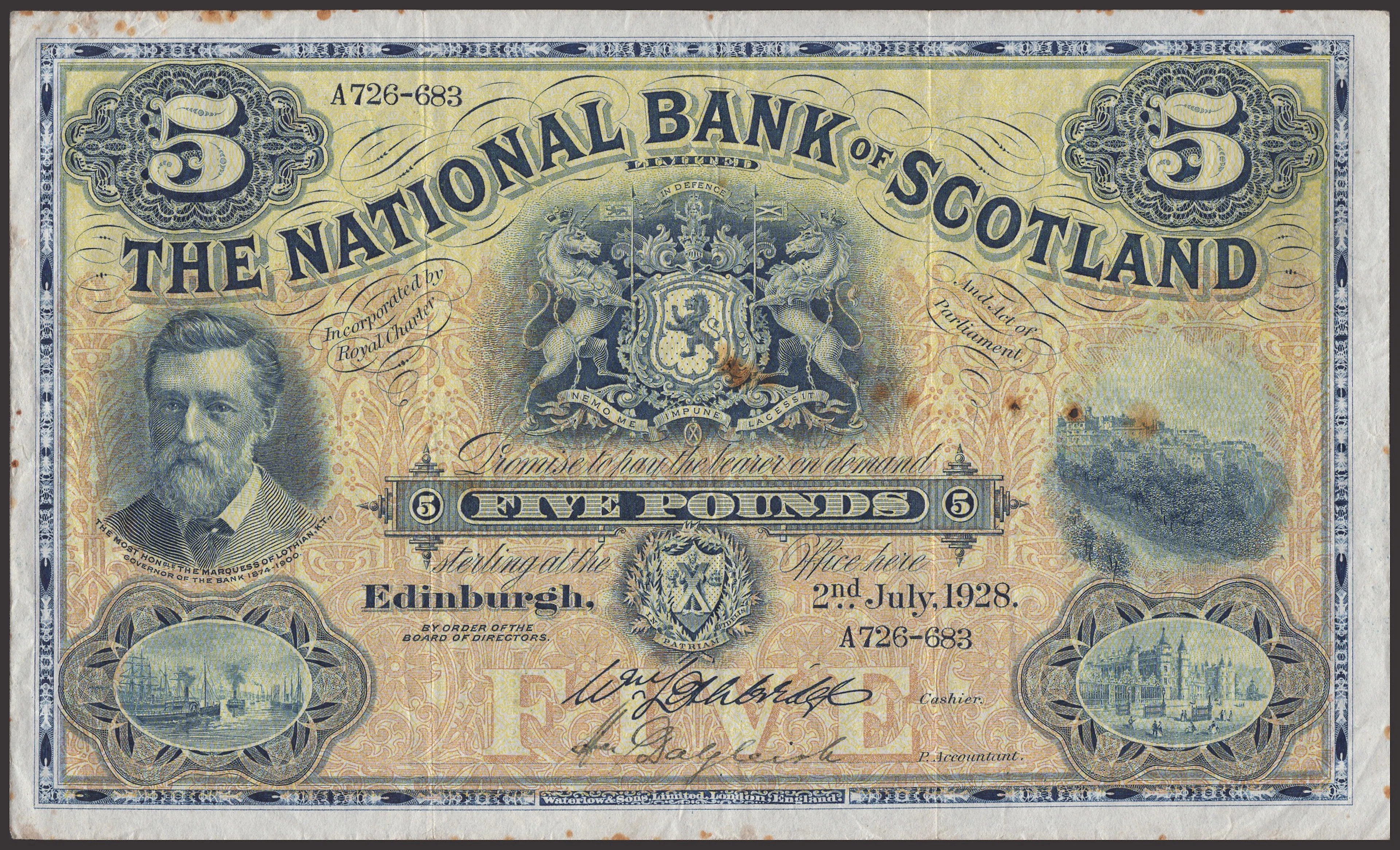 National Bank of Scotland Limited, £5, 2 July 1928, serial number