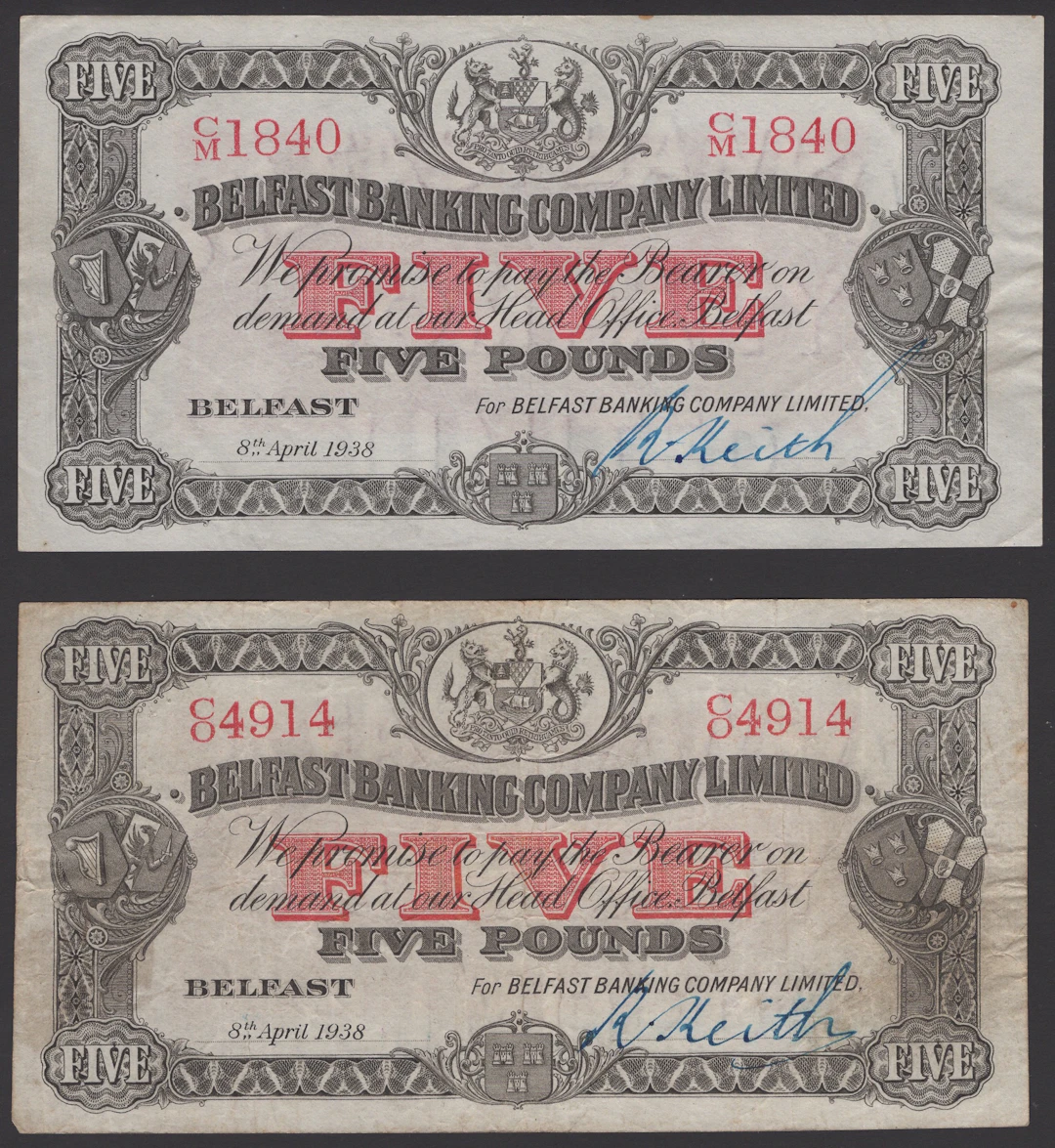 Belfast Banking Company Limited, £5 (3), all 8 April 1938, serial