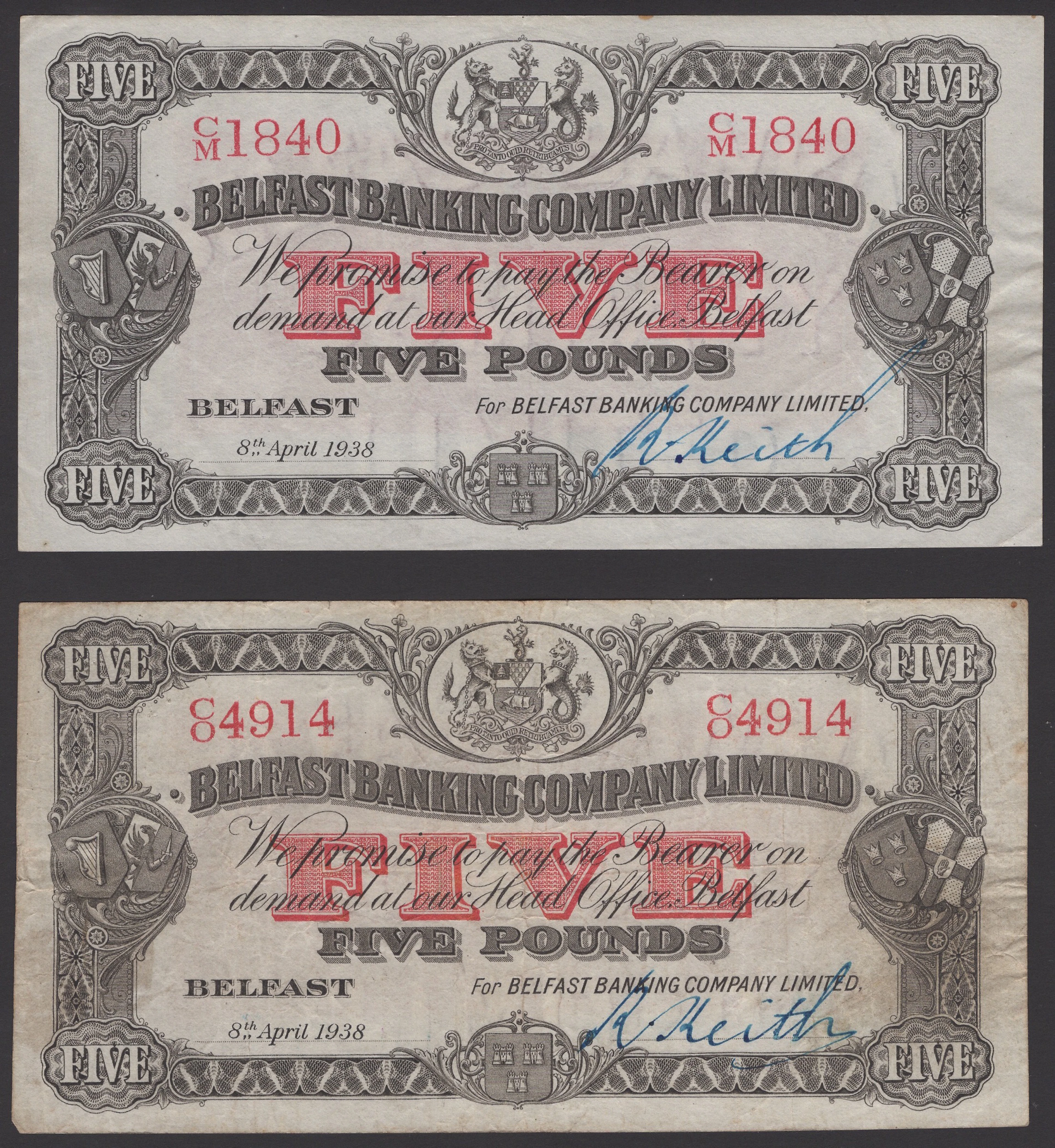 Belfast Banking Company Limited, £5 (3), all 8 April 1938, serial