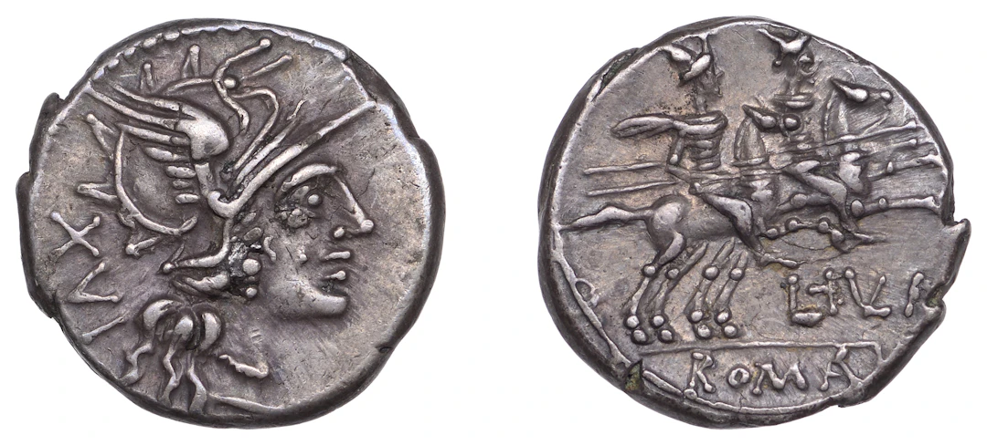 Republican Issues, L. Julius, Denarius, c. 141, helmeted head of Roma
