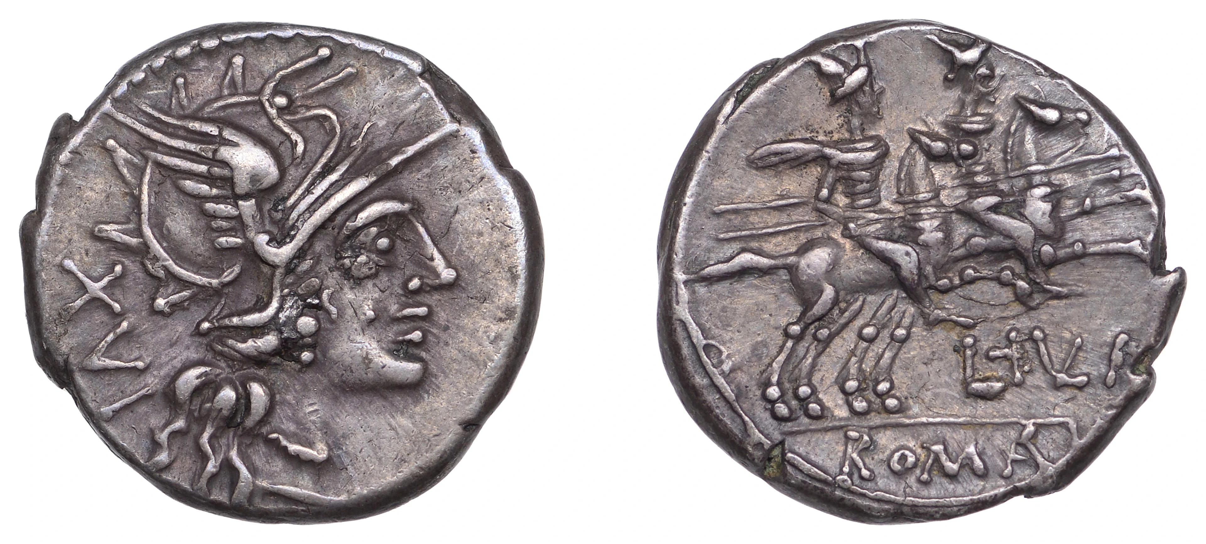 Republican Issues, L. Julius, Denarius, c. 141, helmeted head of Roma