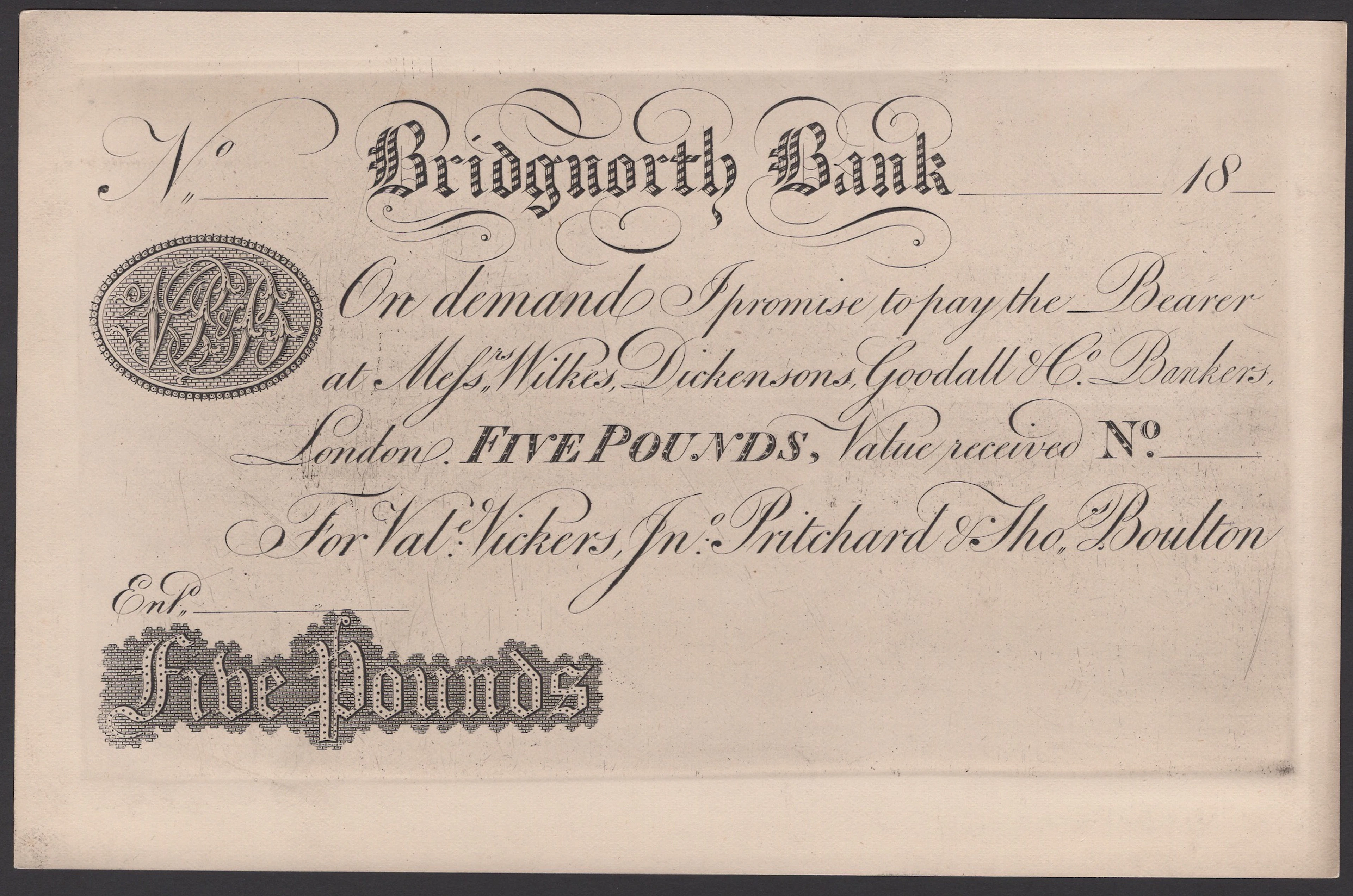 Bridgnorth Bank, for Vale Vickers, Jno Pritchard & Thos Boulton, proof