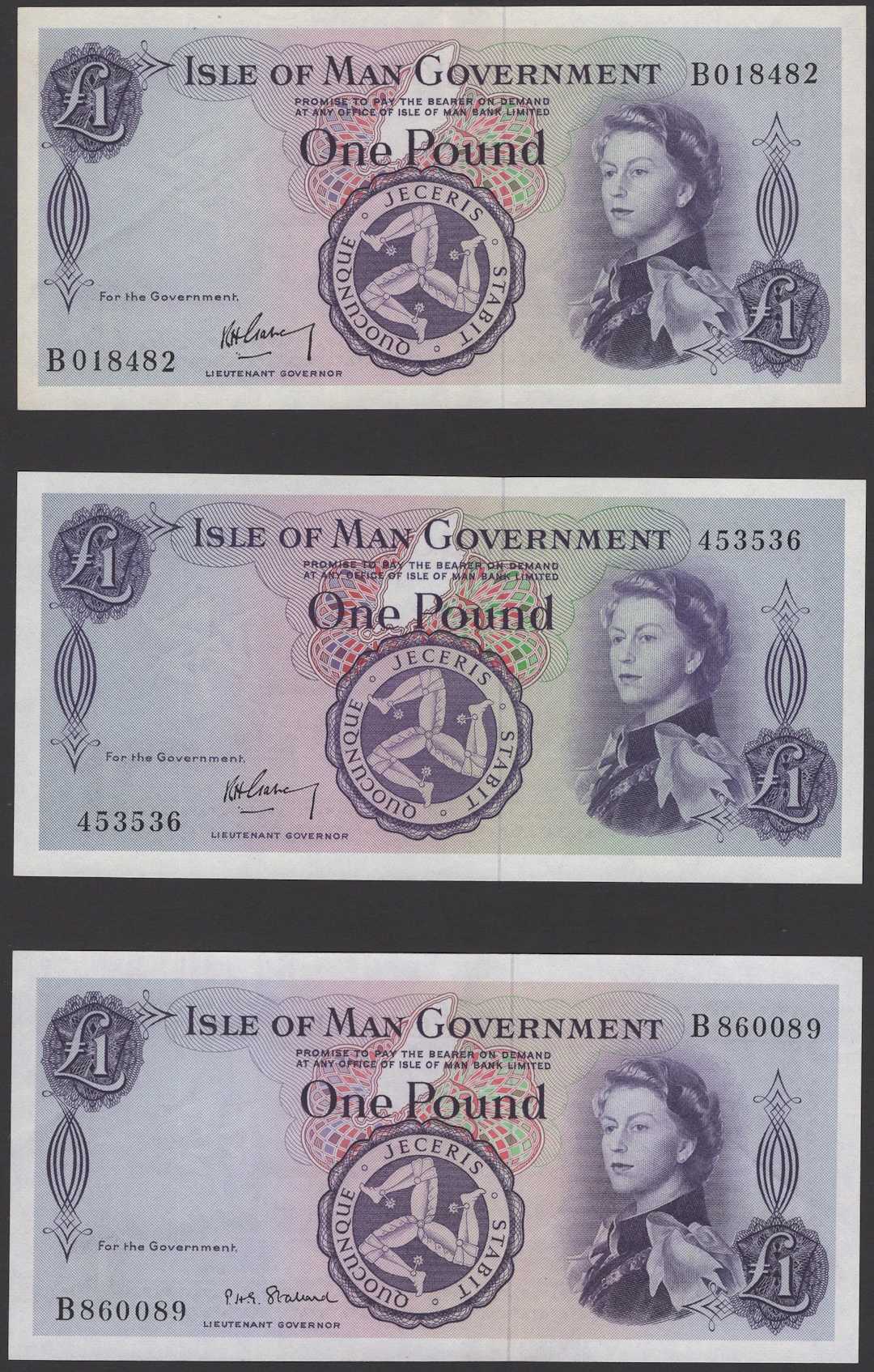 Isle of Man Government, R.H.Garvey, £1 (3), ND (1961-7), serial numbers