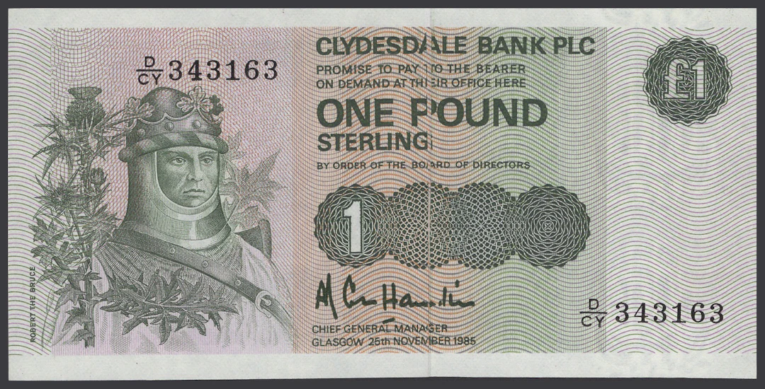 ERROR: Clydesdale Bank PLC, £1, 25 November 1985, serial number D/CY