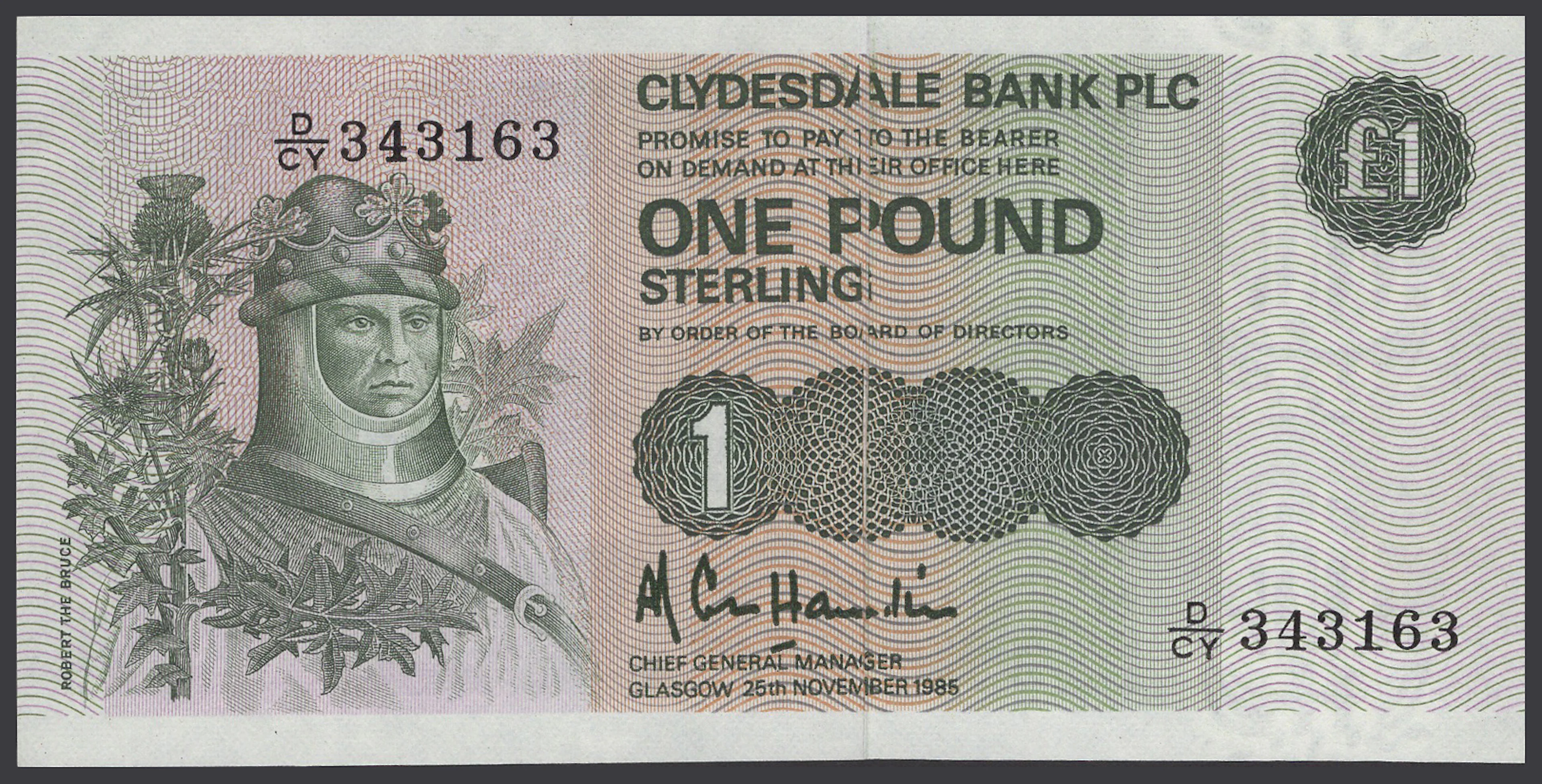 ERROR: Clydesdale Bank PLC, £1, 25 November 1985, serial number D/CY