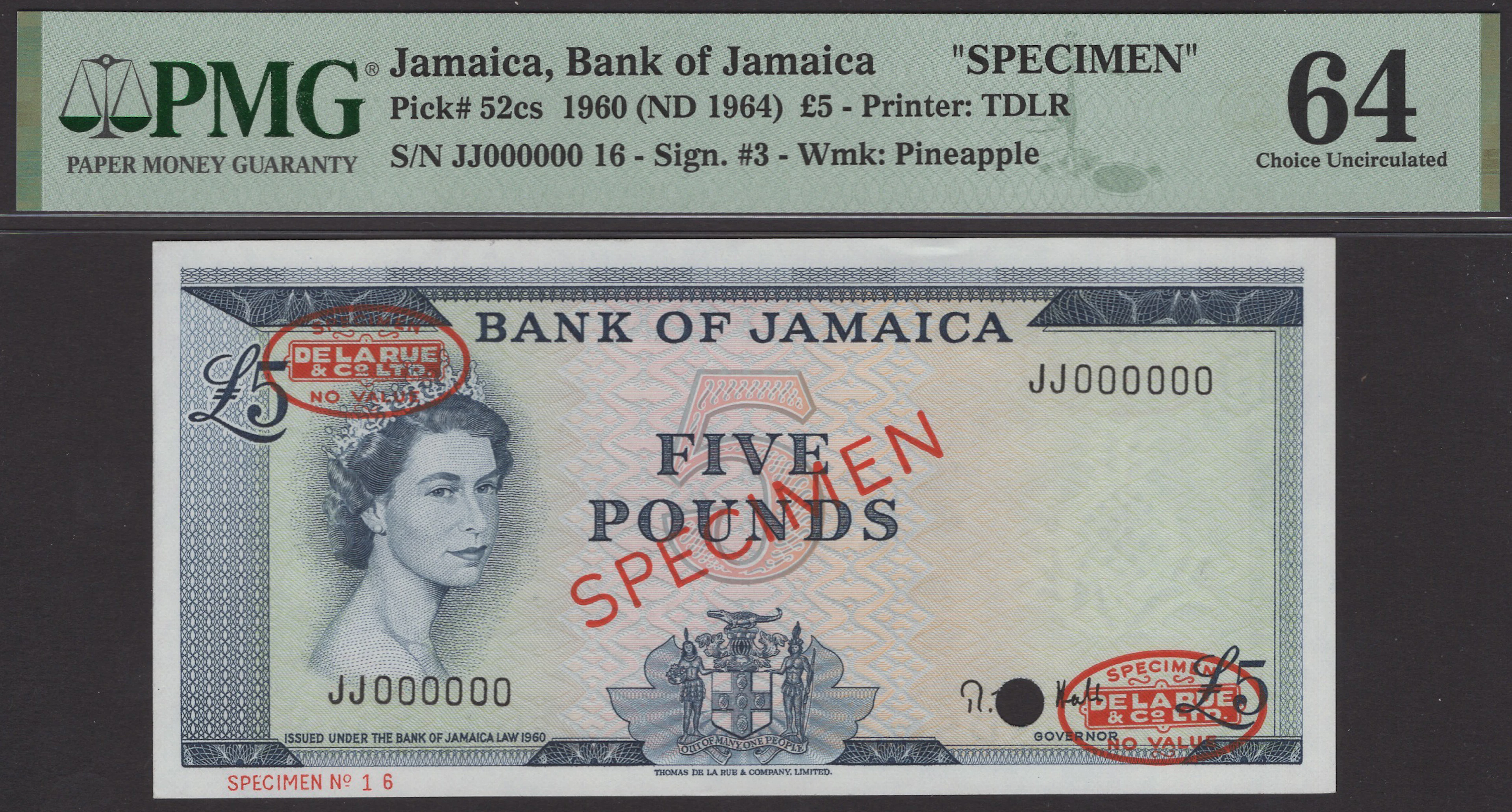 Bank of Jamaica, specimen £5, 1960 (ND 1963), serial number JJ000000