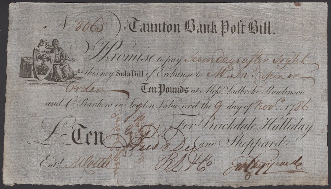 Taunton Bank, for Brickdale, Halliday and Sheppard, post bill for