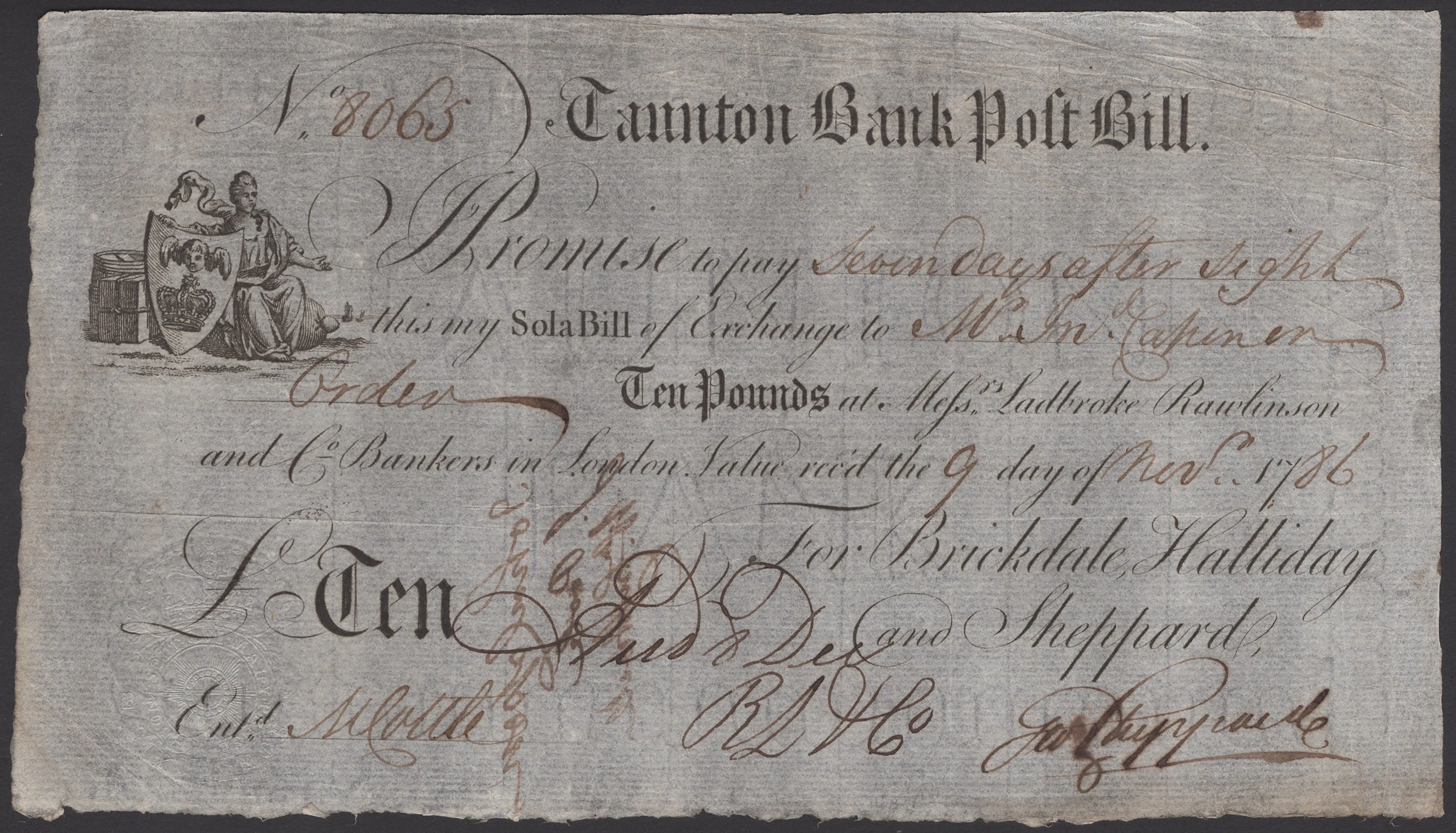 Taunton Bank, for Brickdale, Halliday and Sheppard, post bill for