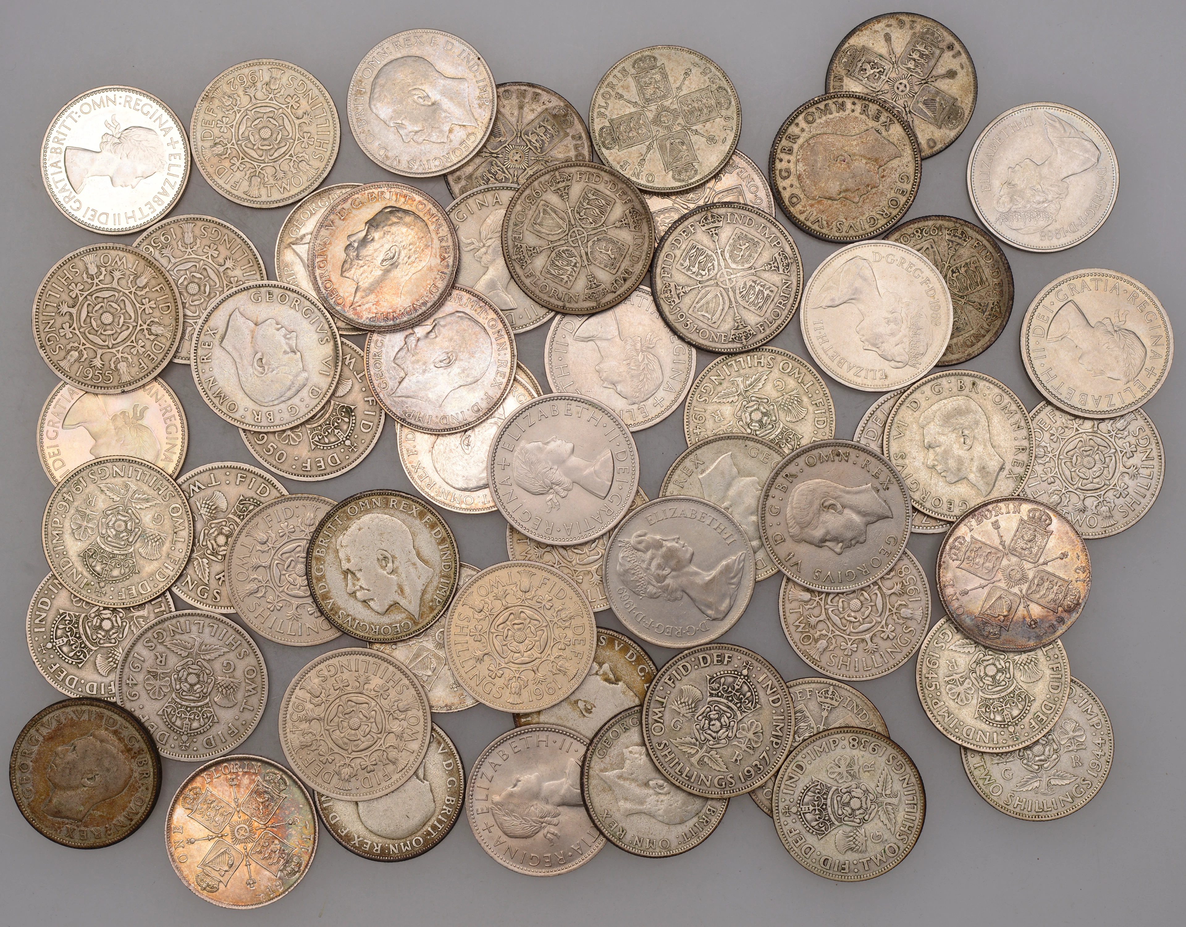 George V to Elizabeth II, Florins (57), in .925 silver (8), .500 silver