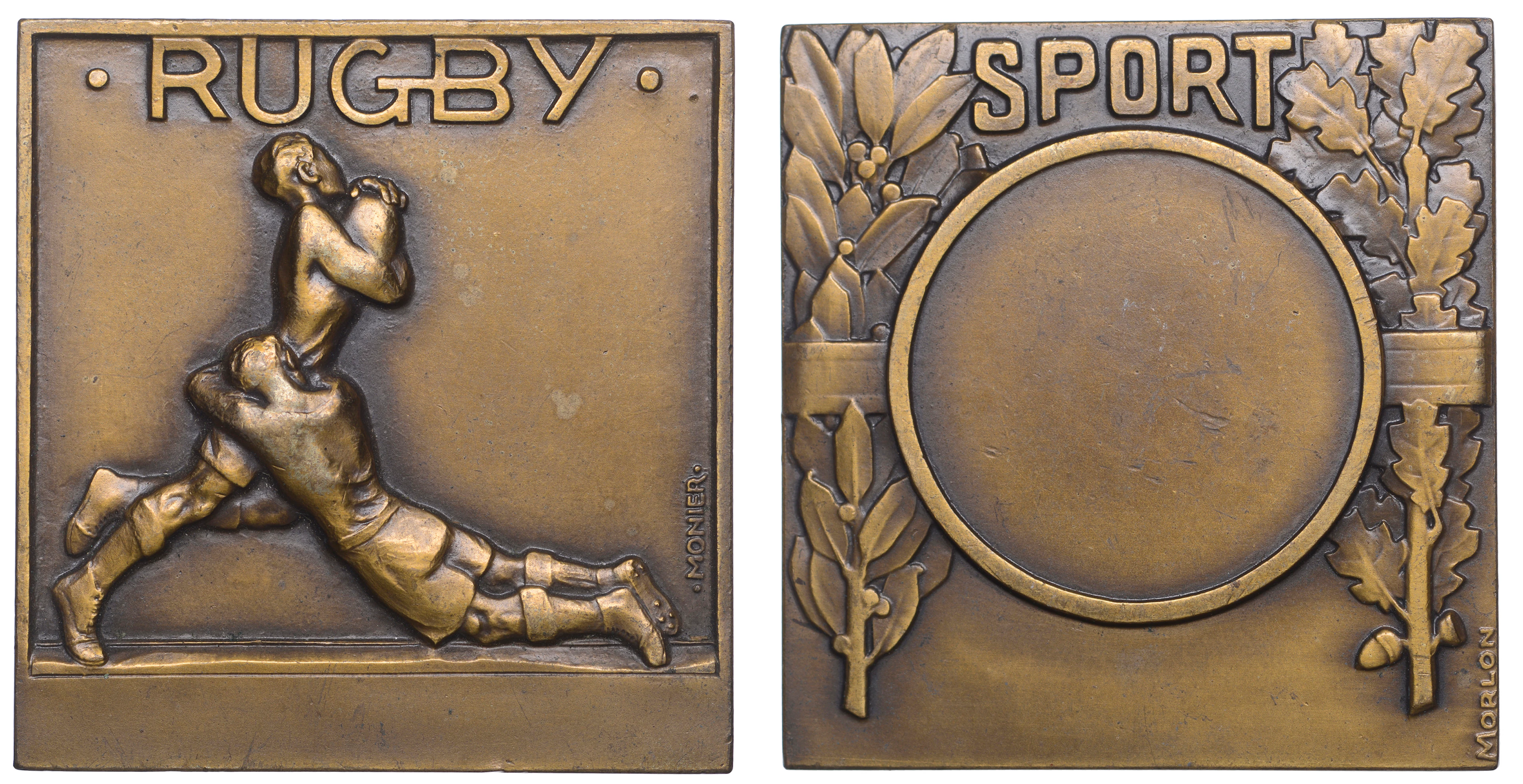 FRANCE, Rugby, 1941, an Art Déco bronze award plaque by E.-A. Monier