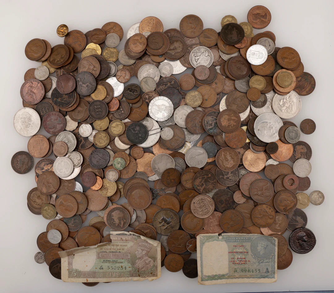 Anne, Shilling, 1711; George II, Twopence, 1797; Victoria, Double-Florins
