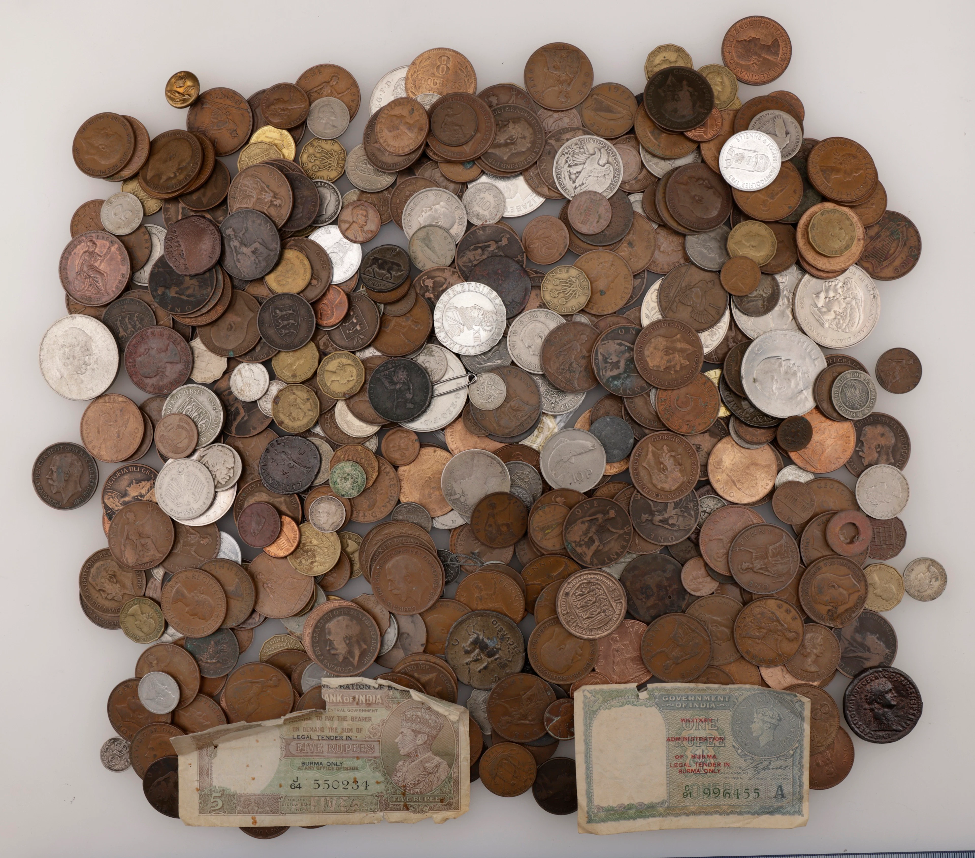 Anne, Shilling, 1711; George II, Twopence, 1797; Victoria, Double-Florins