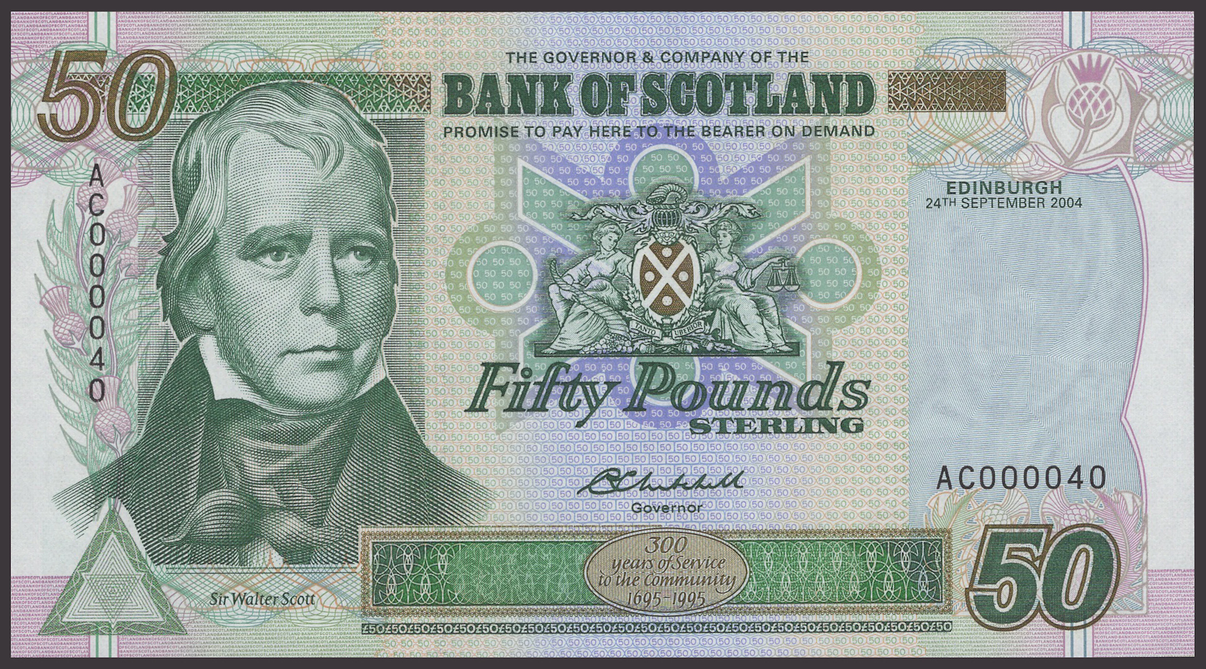 Bank of Scotland, £50, 24 September 2004, serial number AC000040